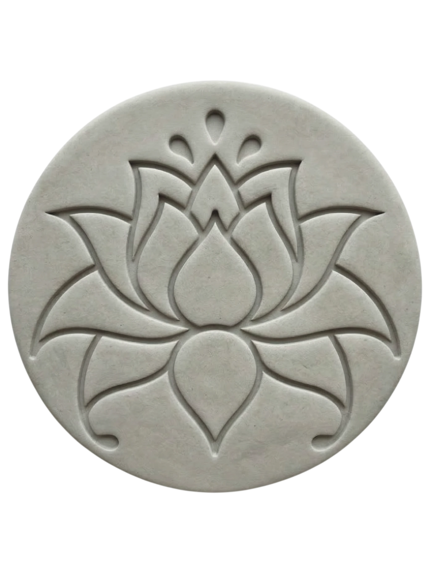 Ein präziser Stempelabdruck einer modernen Lotusblüte in einer runden, hellgrauen Tonplatte. Das minimalistische Design mit klaren Linien und zwei Punkten über der Blüte zeigt die tiefe Relief-Wirkung der MinseArt Keramikstempel.