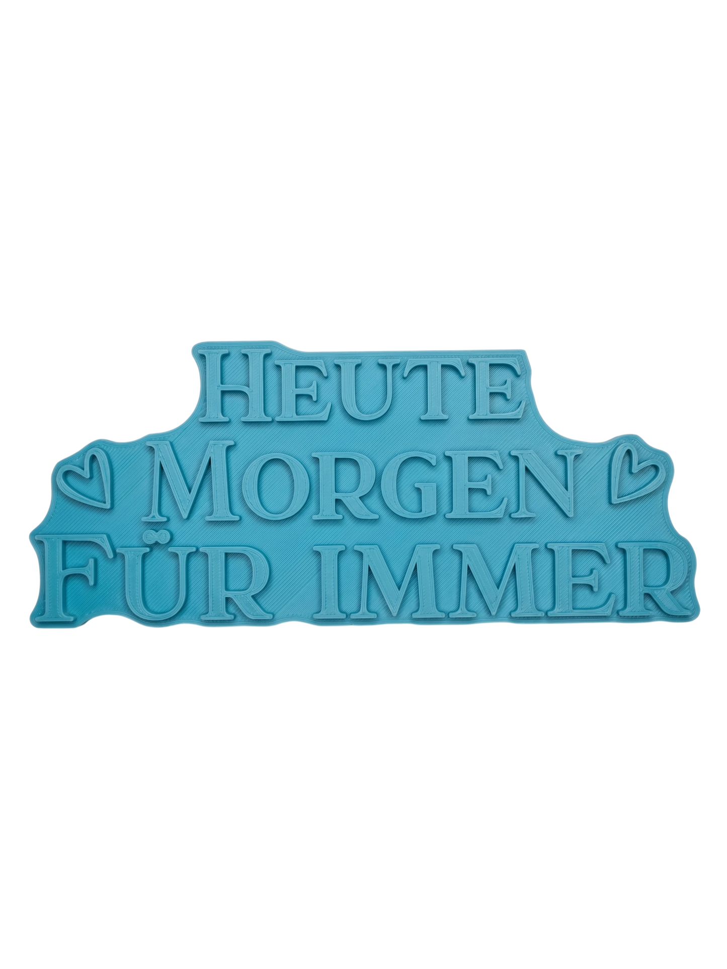 Türkisfarbener Keramikstempel für Ton mit dem Schriftzug 'Heute Morgen Für Immer' und zwei Herzen. Hochwertiges Töpferwerkzeug für detailgetreue Textprägungen und handgemachte Geschenke.