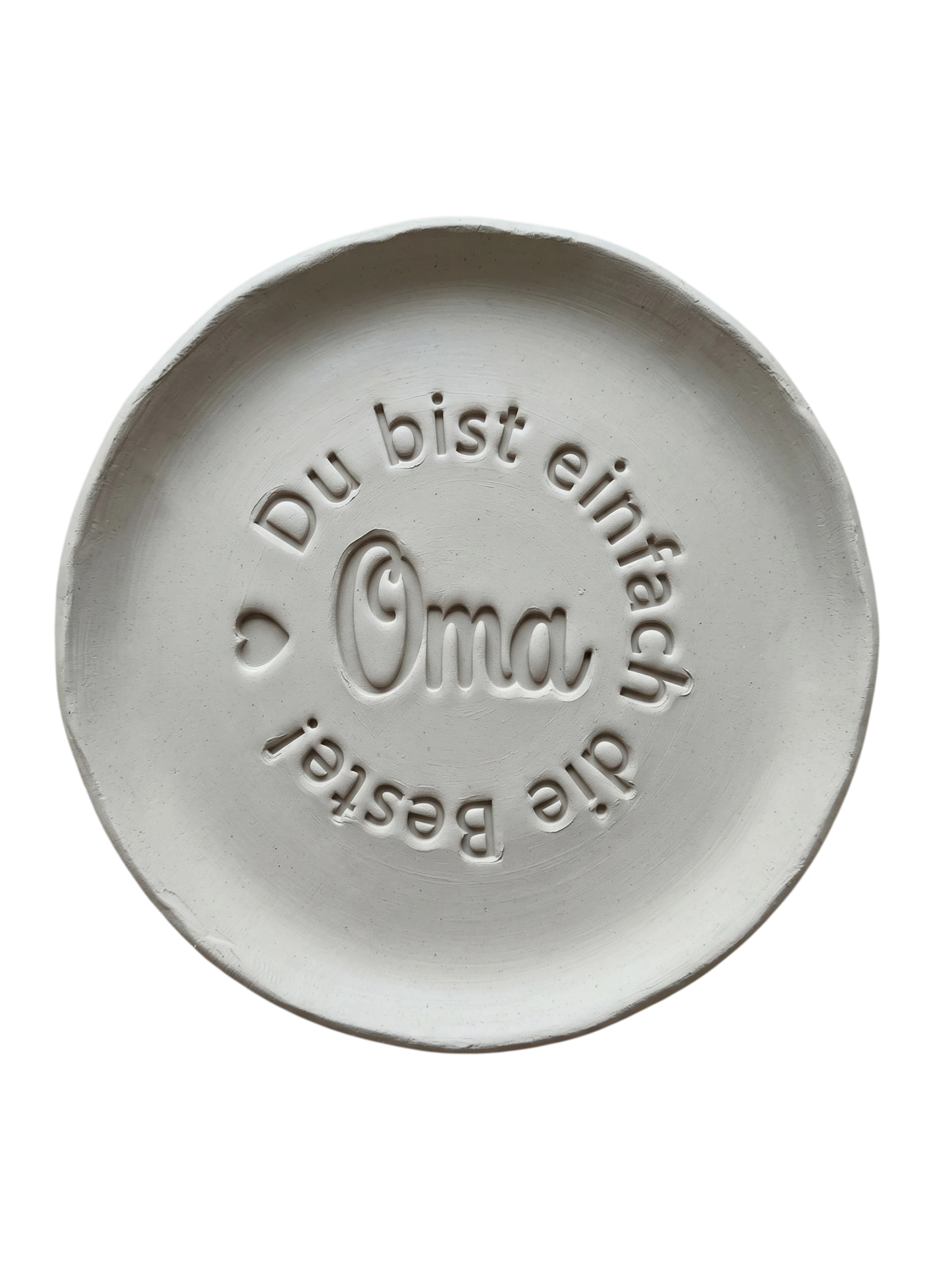 Detailreicher Stempelabdruck „Du bist einfach die Beste! Oma“ mit Herz-Icon in weißem Ton. Hochwertiger Keramikstempel von MinseArt für präzise Konturen – eine kreative Töpfer-Idee für handgefertigte Geschenke und dein nächstes Projekt.