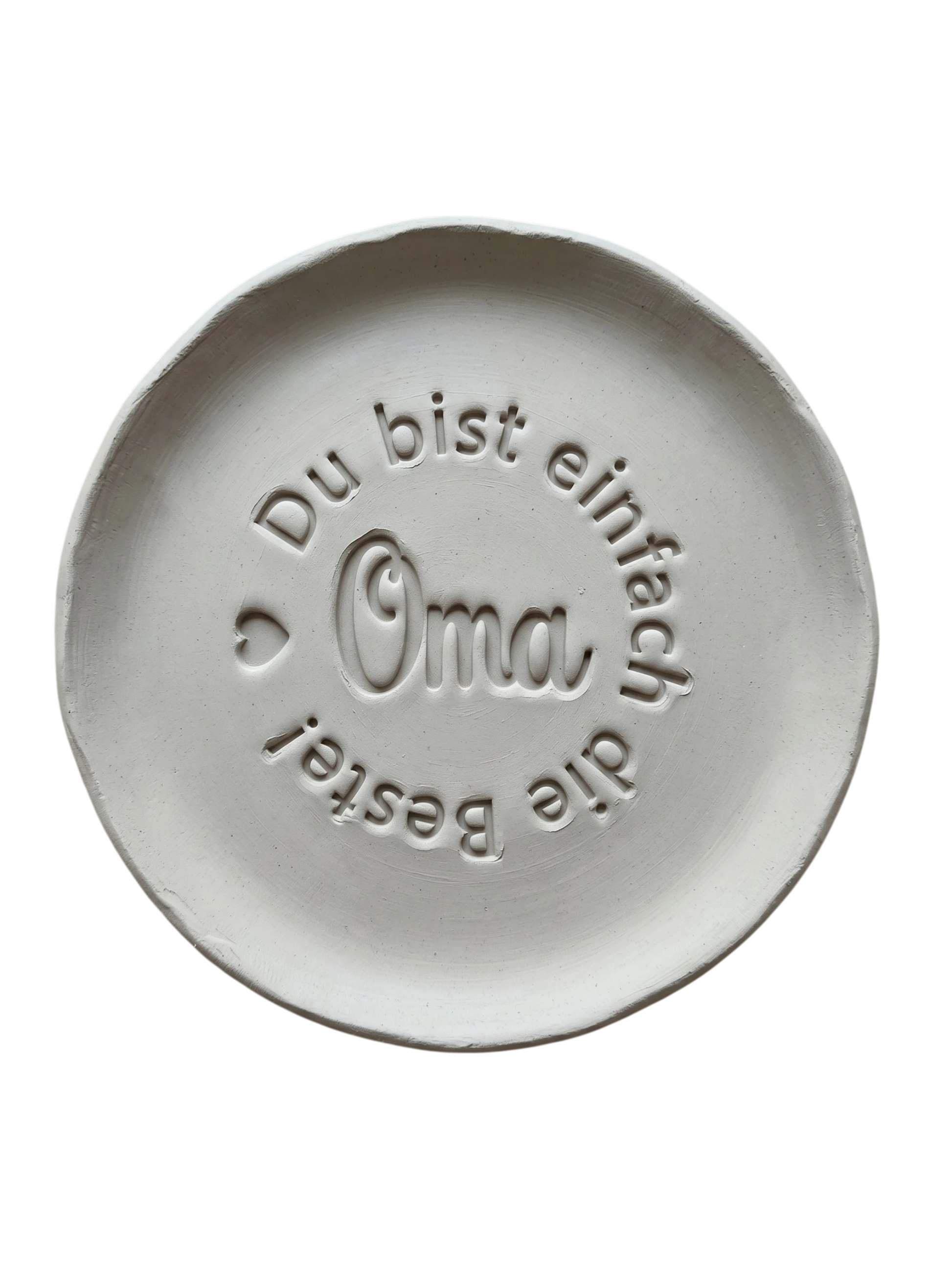 Detailreicher Stempelabdruck „Du bist einfach die Beste! Oma“ mit Herz-Icon in weißem Ton. Hochwertiger Keramikstempel von MinseArt für präzise Konturen – eine kreative Töpfer-Idee für handgefertigte Geschenke und dein nächstes Projekt.