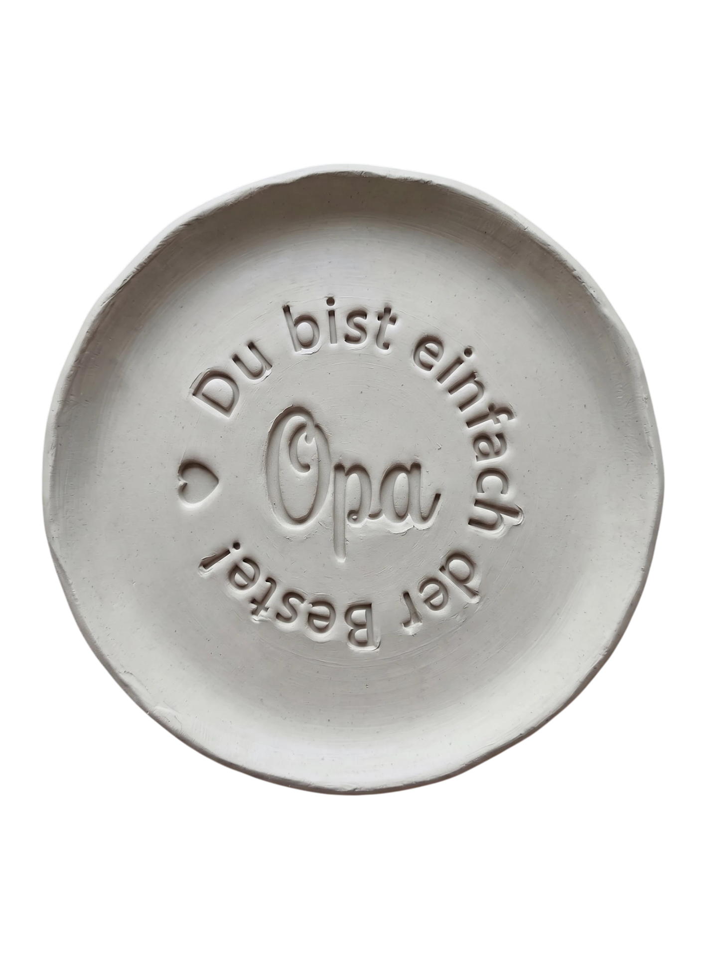 Präziser Stempelabdruck „Du bist einfach der Beste! Opa“ mit Herz-Icon in weißem Ton. Hochwertiger Keramikstempel von MinseArt für tiefe Konturen – eine kreative Töpfer-Idee für handgefertigte Geschenke und dein nächstes Projekt.