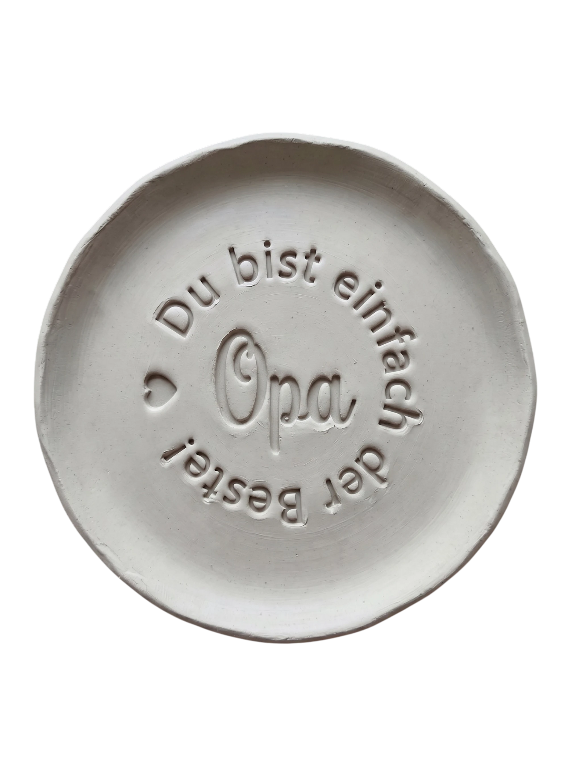 Präziser Stempelabdruck „Du bist einfach der Beste! Opa“ mit Herz-Icon in weißem Ton. Hochwertiger Keramikstempel von MinseArt für tiefe Konturen – eine kreative Töpfer-Idee für handgefertigte Geschenke und dein nächstes Projekt.