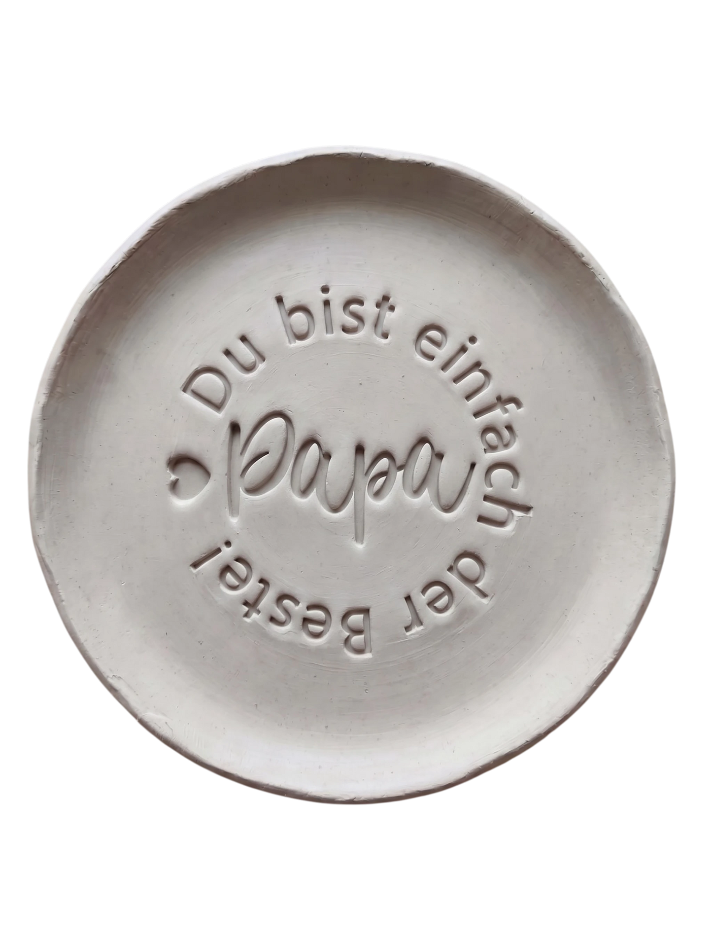 Detailreicher Stempelabdruck „Du bist einfach der Beste! Papa“ mit Herz-Icon in weißem Ton. Hochwertiger Keramikstempel von MinseArt für tiefe, präzise Konturen – eine kreative Töpfer-Idee für handgefertigte Geschenke zum Vatertag und dein nächstes Projekt.