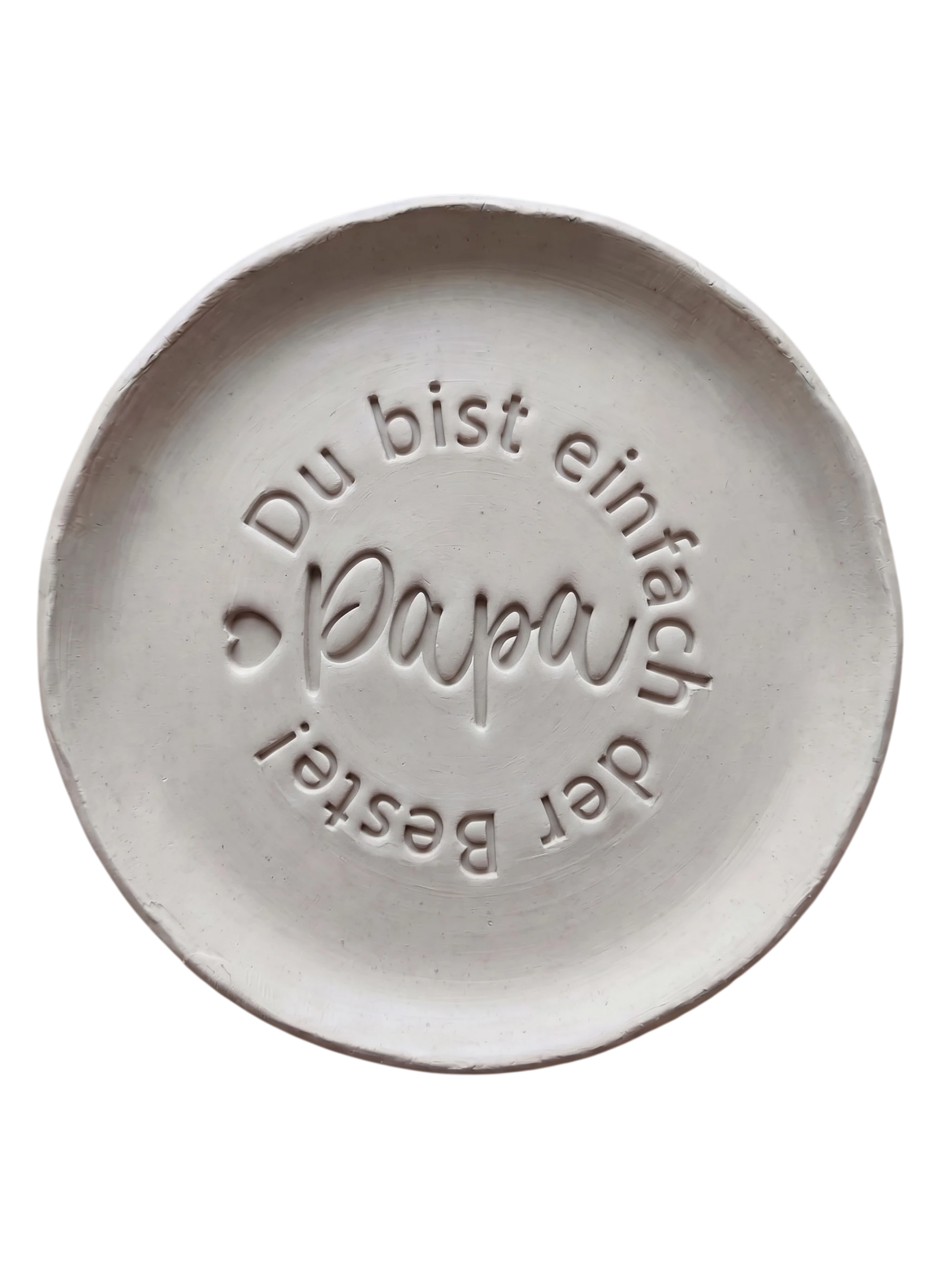 Detailreicher Stempelabdruck „Du bist einfach der Beste! Papa“ mit Herz-Icon in weißem Ton. Hochwertiger Keramikstempel von MinseArt für tiefe, präzise Konturen – eine kreative Töpfer-Idee für handgefertigte Geschenke zum Vatertag und dein nächstes Projekt.