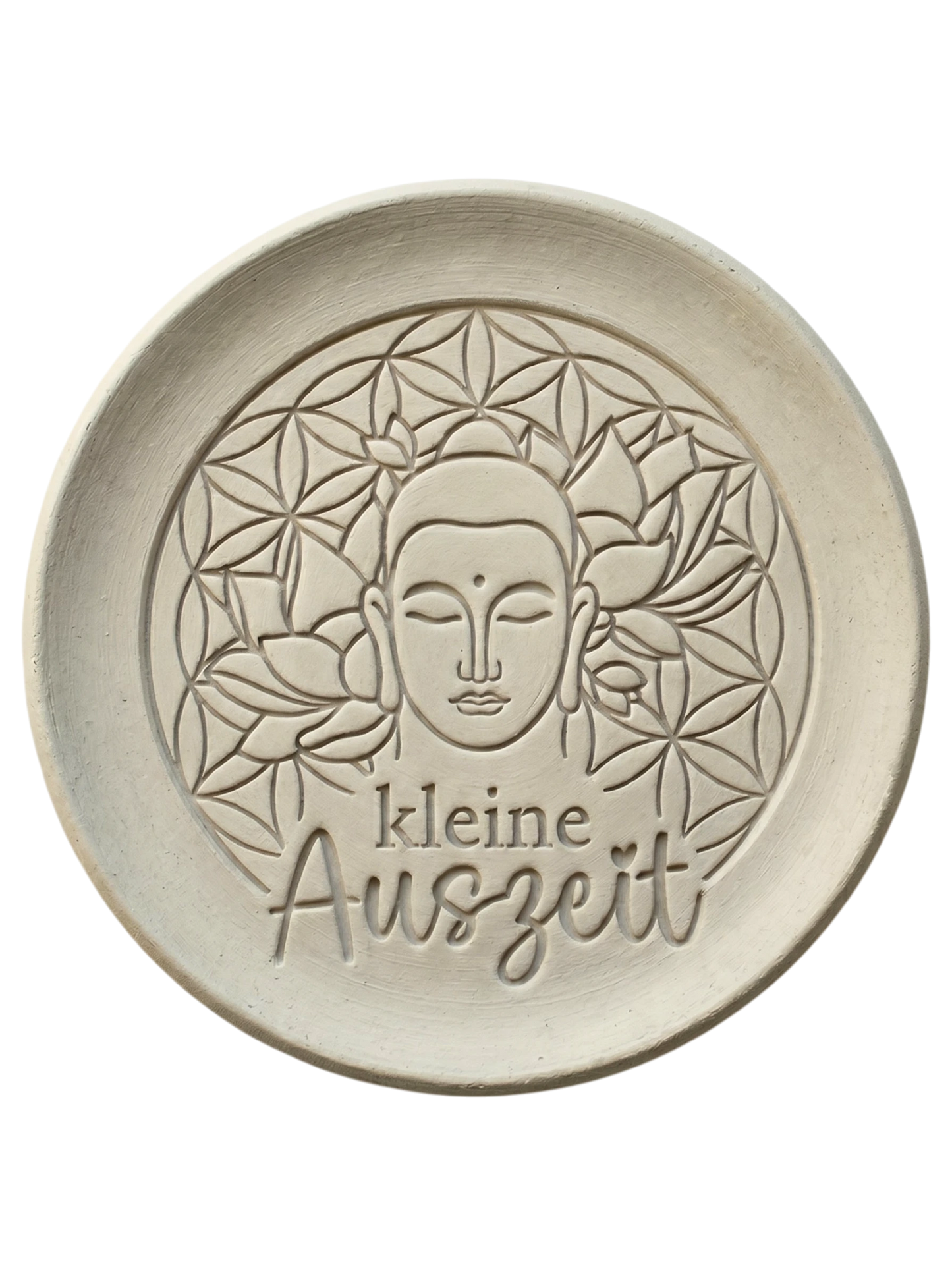 Detailreicher Stempelabdruck eines Buddhas mit Lotusblüten und dem Schriftzug 'kleine Auszeit' in hellem Ton. Präzise Konturen für meditative Töpfer-Projekte.