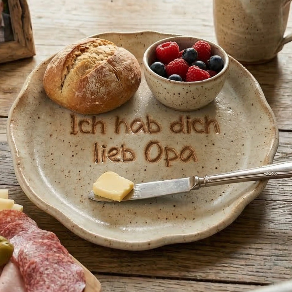 Handgetöpferter Frühstücksteller mit der Prägung 'Ich hab dich lieb Opa', glasiert und hergerichtet mit Brötchen und Beeren. Inspiration für eine kreative Töpfer-Idee für Großeltern.