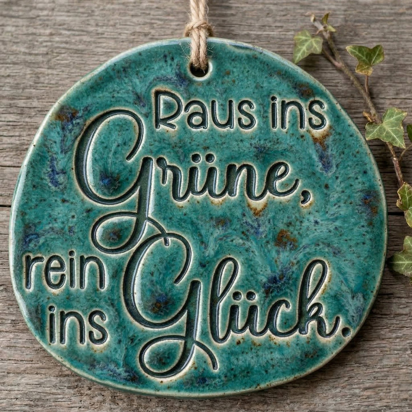 Fertig glasierter Keramik-Anhänger in Blaugrün mit dem Spruch 'Raus ins Grüne, rein ins Glück'. Das Beispiel zeigt, wie die Glasur die Konturen des MinseArt Stempels betont.