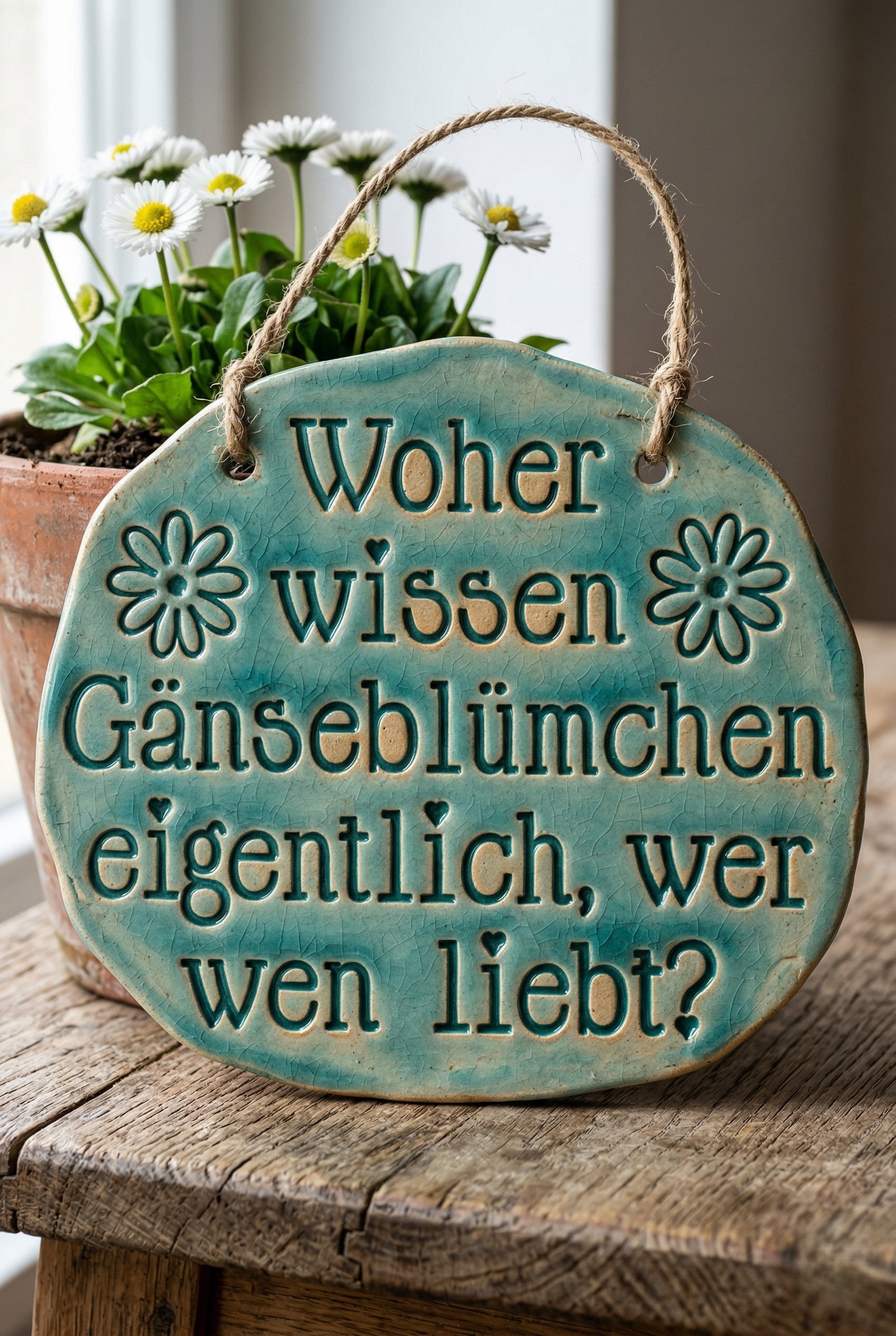 Fertig glasierter Keramik-Anhänger in Türkis mit Gänseblümchen-Spruch vor echtem Blumenhintergrund. Das Beispiel zeigt die detailreiche Tiefenwirkung des MinseArt Textstempels.