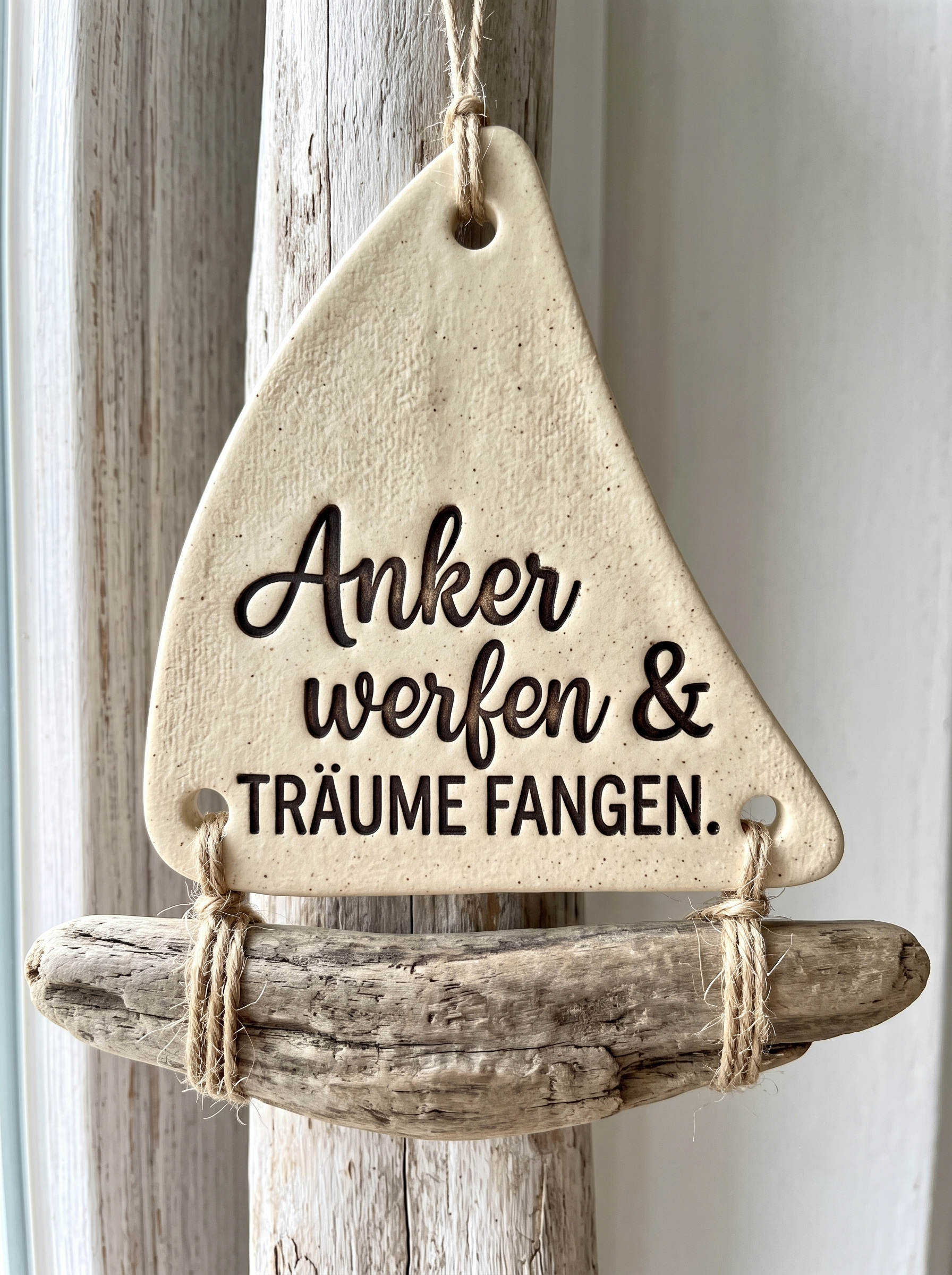 Anwendungsbeispiel des Textstempels auf einem maritimen Keramik-Segelboot mit Treibholz. Hinweis: Verkauft wird hier ausschließlich das Töpferwerkzeug, nicht die fertige Keramik.