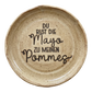 Handgemachter, hellbraun glasierter Keramikteller mit dem tief eingestempelten Spruch 'Du bist die Mayo zu meinen Pommes'. Eine liebevolle und kreative Töpfer-Idee.