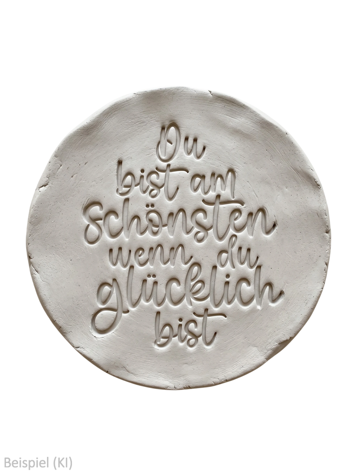 Freigestellter runder Tonabdruck mit dem tief geprägten Spruch Du bist am Schönsten wenn du glücklich bist auf schwarzem Hintergrund von MinseArt.