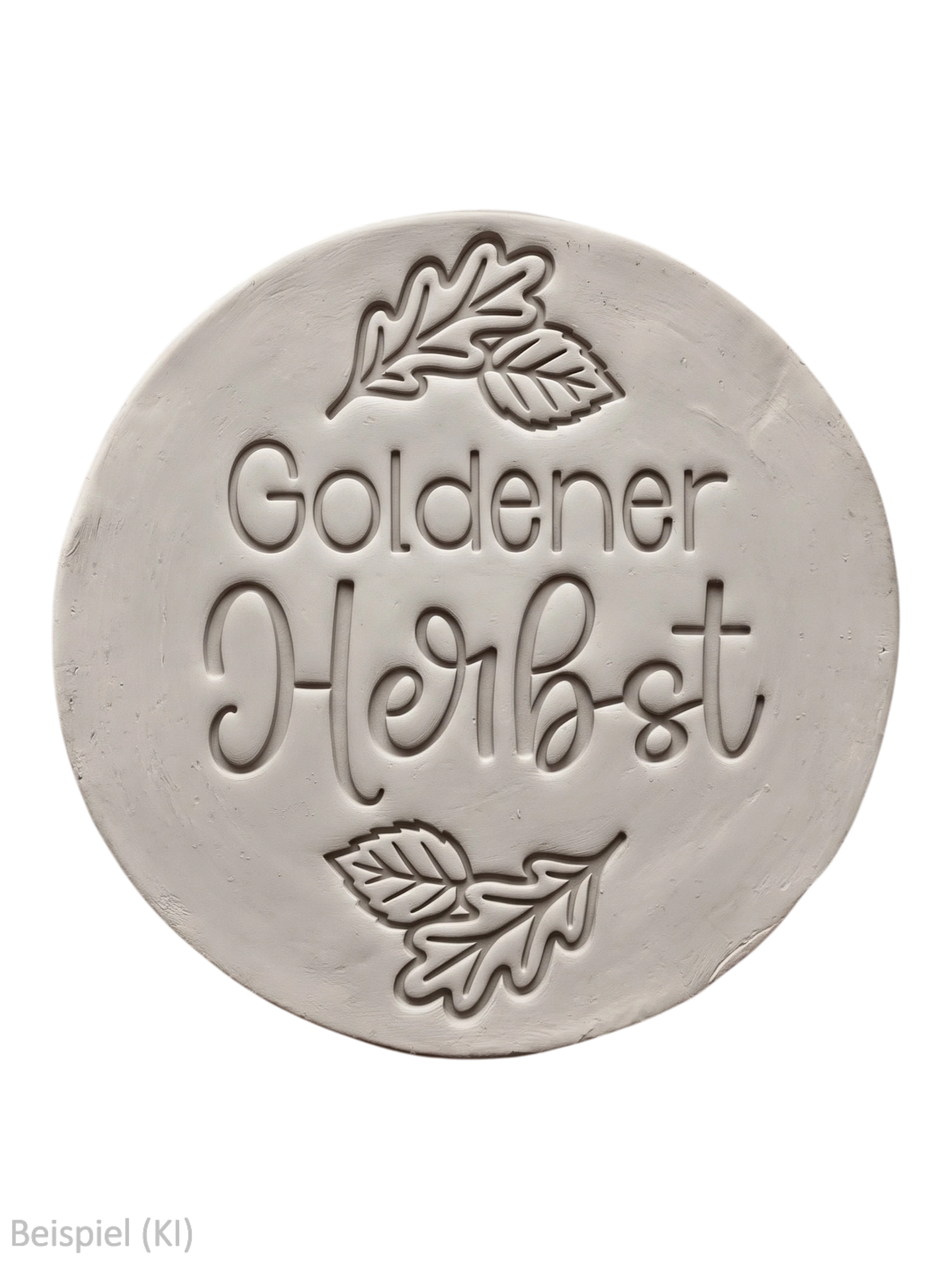 Runder Tonabdruck mit dem tief geprägten Spruch Goldener Herbst und feinen Eichenblättern von MinseArt.