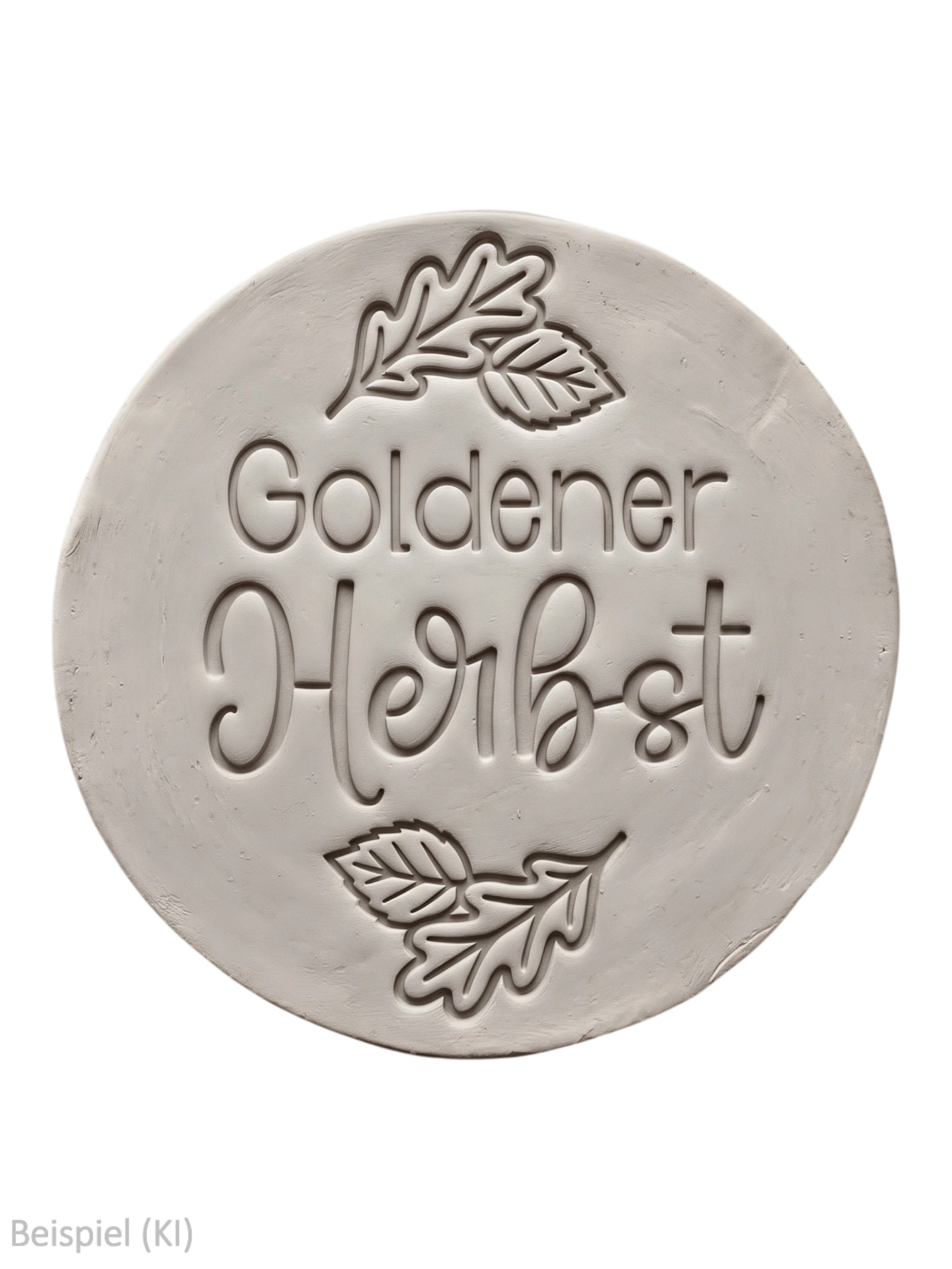 Runder Tonabdruck mit dem tief geprägten Spruch Goldener Herbst und feinen Eichenblättern von MinseArt.