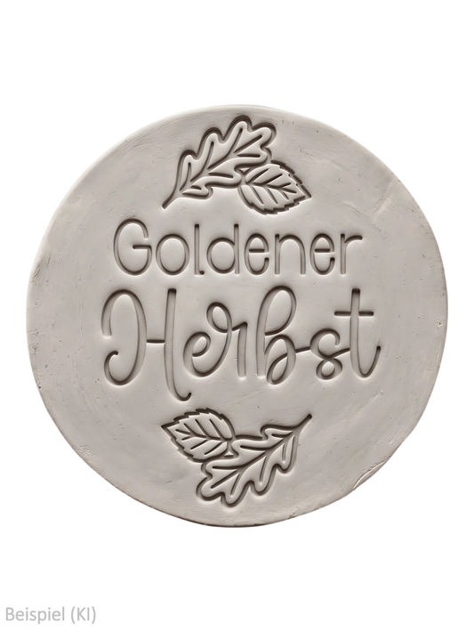 Runder Tonabdruck mit dem tief geprägten Spruch Goldener Herbst und feinen Eichenblättern von MinseArt.