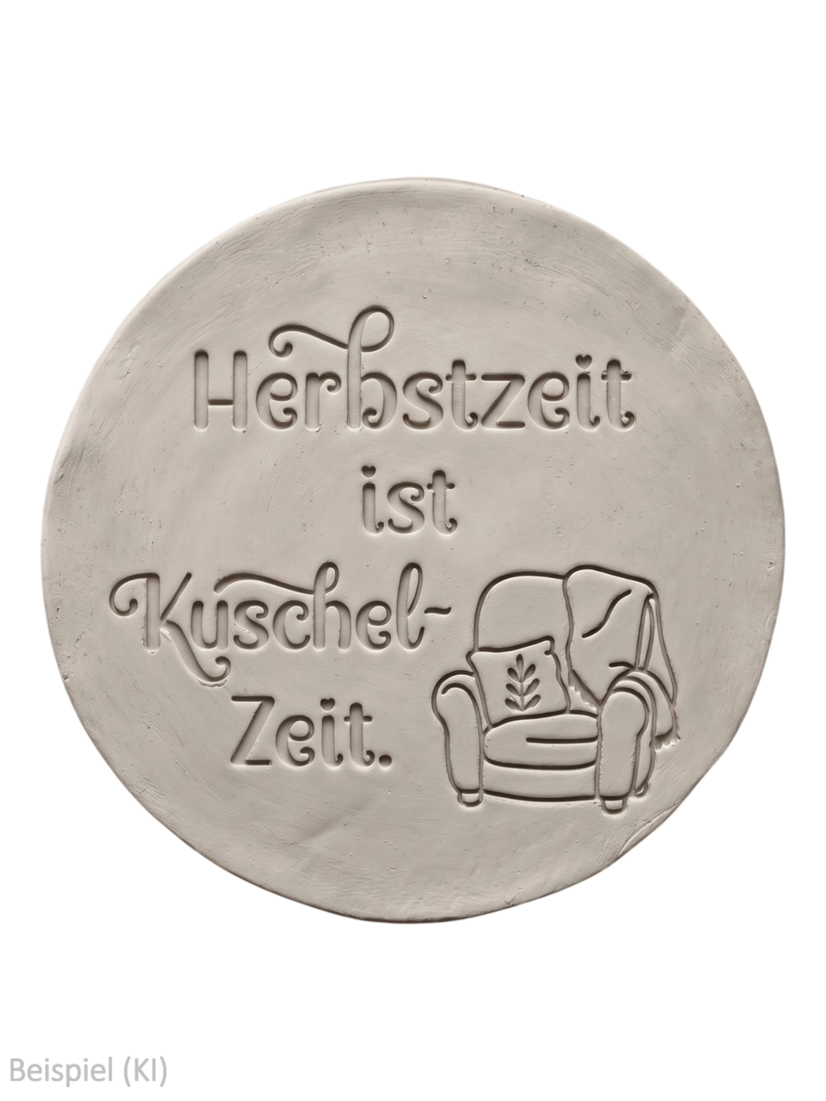 Runder Tonabdruck mit dem tief geprägten Spruch Herbstzeit ist Kuschelzeit und gemütlichem Sessel-Motiv von MinseArt.