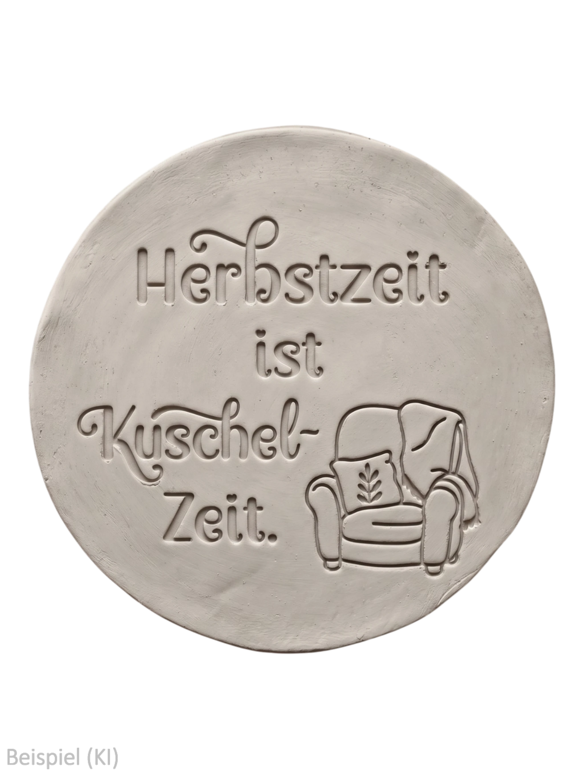 Runder Tonabdruck mit dem tief geprägten Spruch Herbstzeit ist Kuschelzeit und gemütlichem Sessel-Motiv von MinseArt.