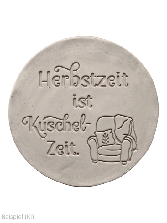 Runder Tonabdruck mit dem tief geprägten Spruch Herbstzeit ist Kuschelzeit und gemütlichem Sessel-Motiv von MinseArt.