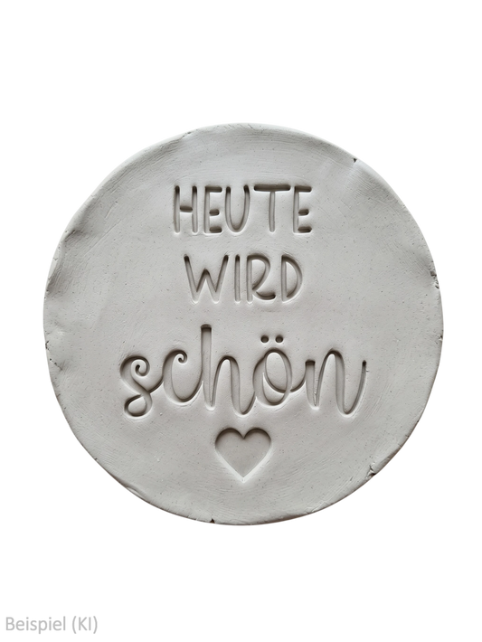 Freigestellter runder Tonabdruck mit tief geprägtem Spruch Heute wird schön und Herz ohne Hintergrund von MinseArt.