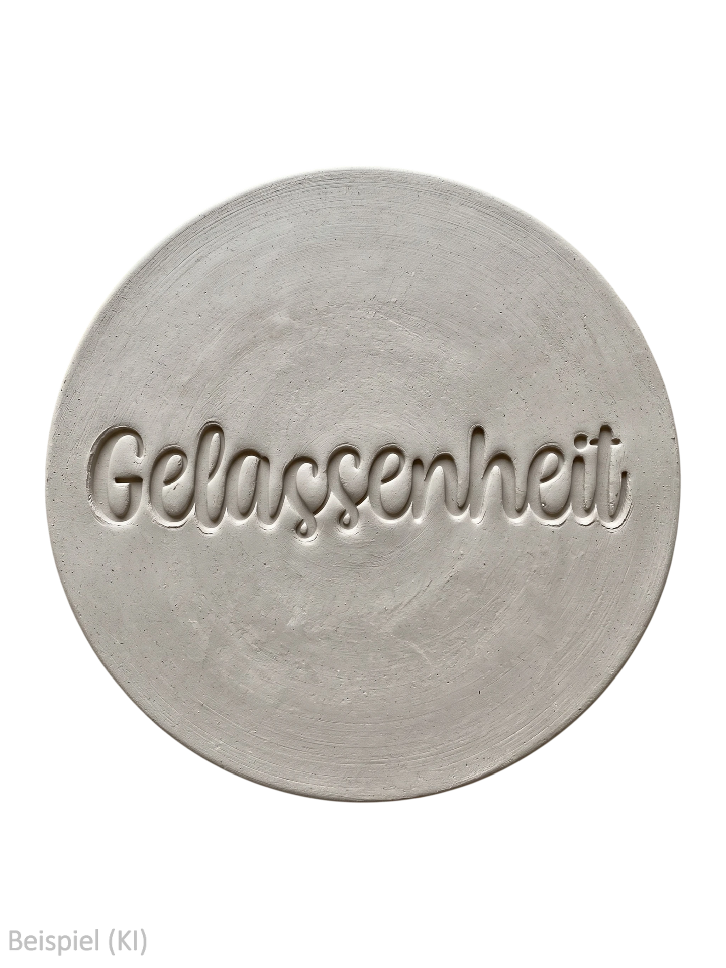 Perfekter, runder Tonabdruck mit dem tief geprägten Schriftzug Gelassenheit auf schwarzem Hintergrund von MinseArt.