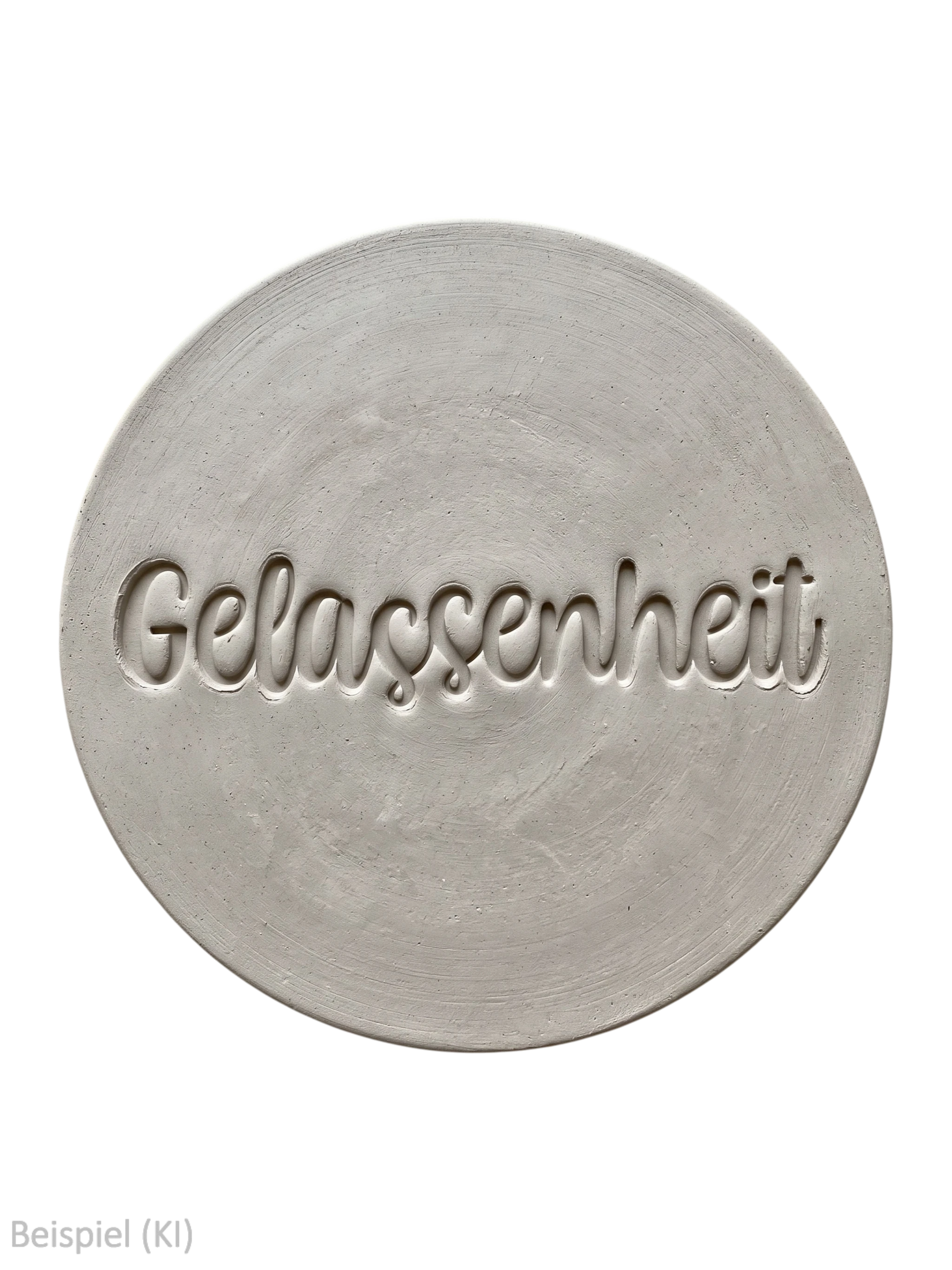 Perfekter, runder Tonabdruck mit dem tief geprägten Schriftzug Gelassenheit auf schwarzem Hintergrund von MinseArt.