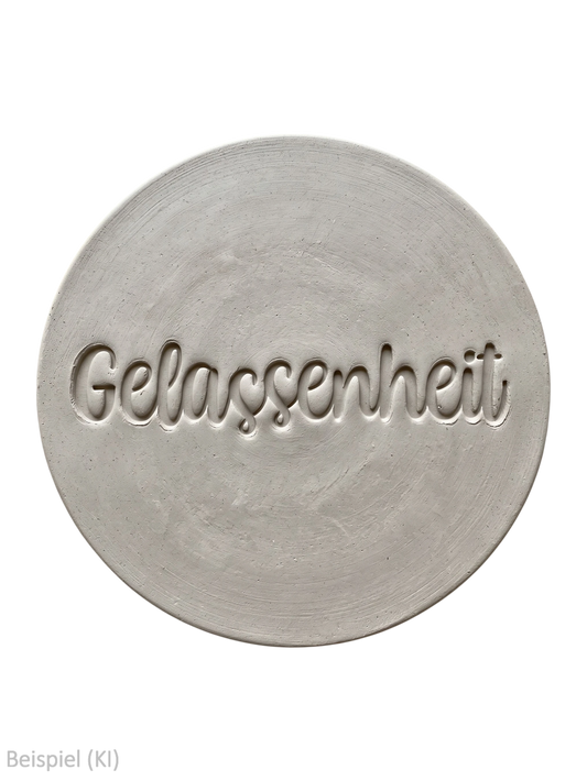 Perfekter, runder Tonabdruck mit dem tief geprägten Schriftzug Gelassenheit auf schwarzem Hintergrund von MinseArt.