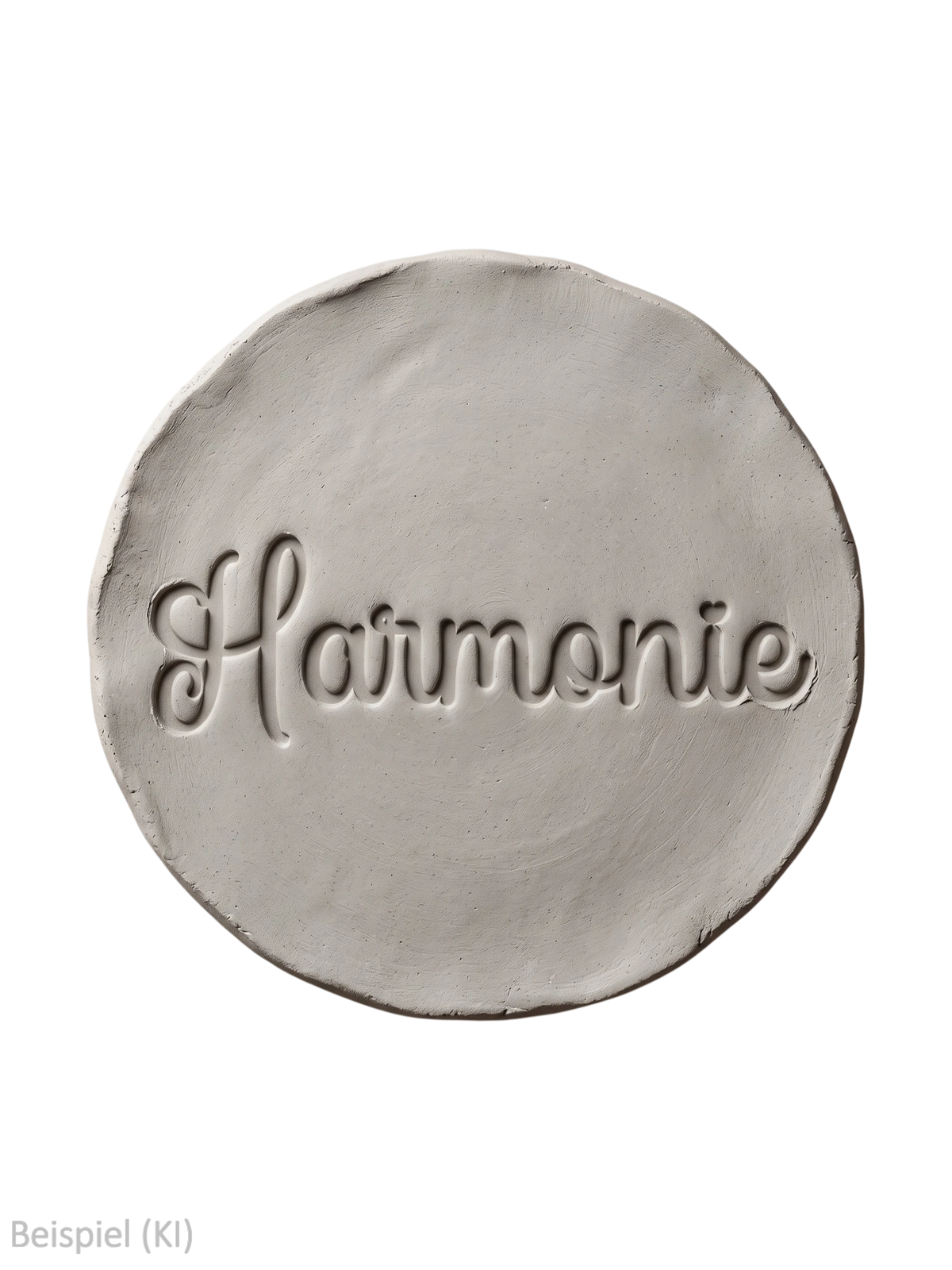 Perfekter, runder Tonabdruck mit dem tief geprägten Schriftzug Harmonie und Herz-Detail auf schwarzem Hintergrund von MinseArt.