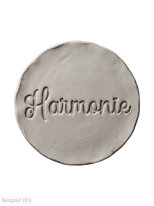 Perfekter, runder Tonabdruck mit dem tief geprägten Schriftzug Harmonie und Herz-Detail auf schwarzem Hintergrund von MinseArt.