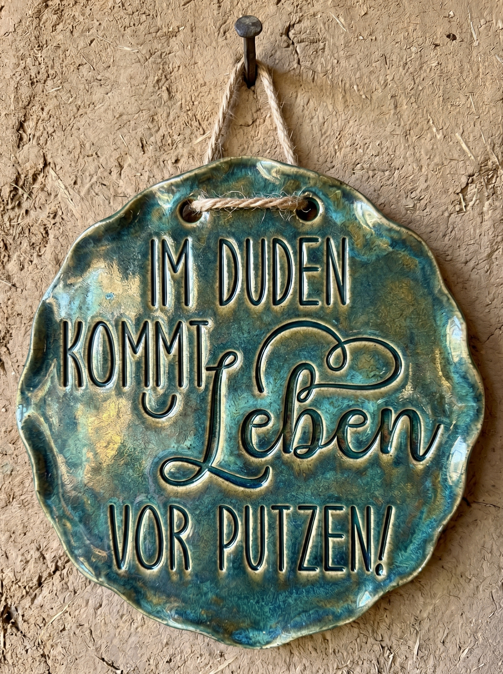 Ein fertig glasiertes, gewelltes Keramikschild mit dem eingestempelten Spruch 'Im Duden kommt Leben vor Putzen!'. Die glänzende blaugrüne Glasur betont das tiefe Relief der Schrift auf hellem Ton. Das Schild hängt an einer rustikalen Kordel an einem Nagel vor einer Lehmwand – ein ideales Anwendungsbeispiel für MinseArt Keramikstempel.