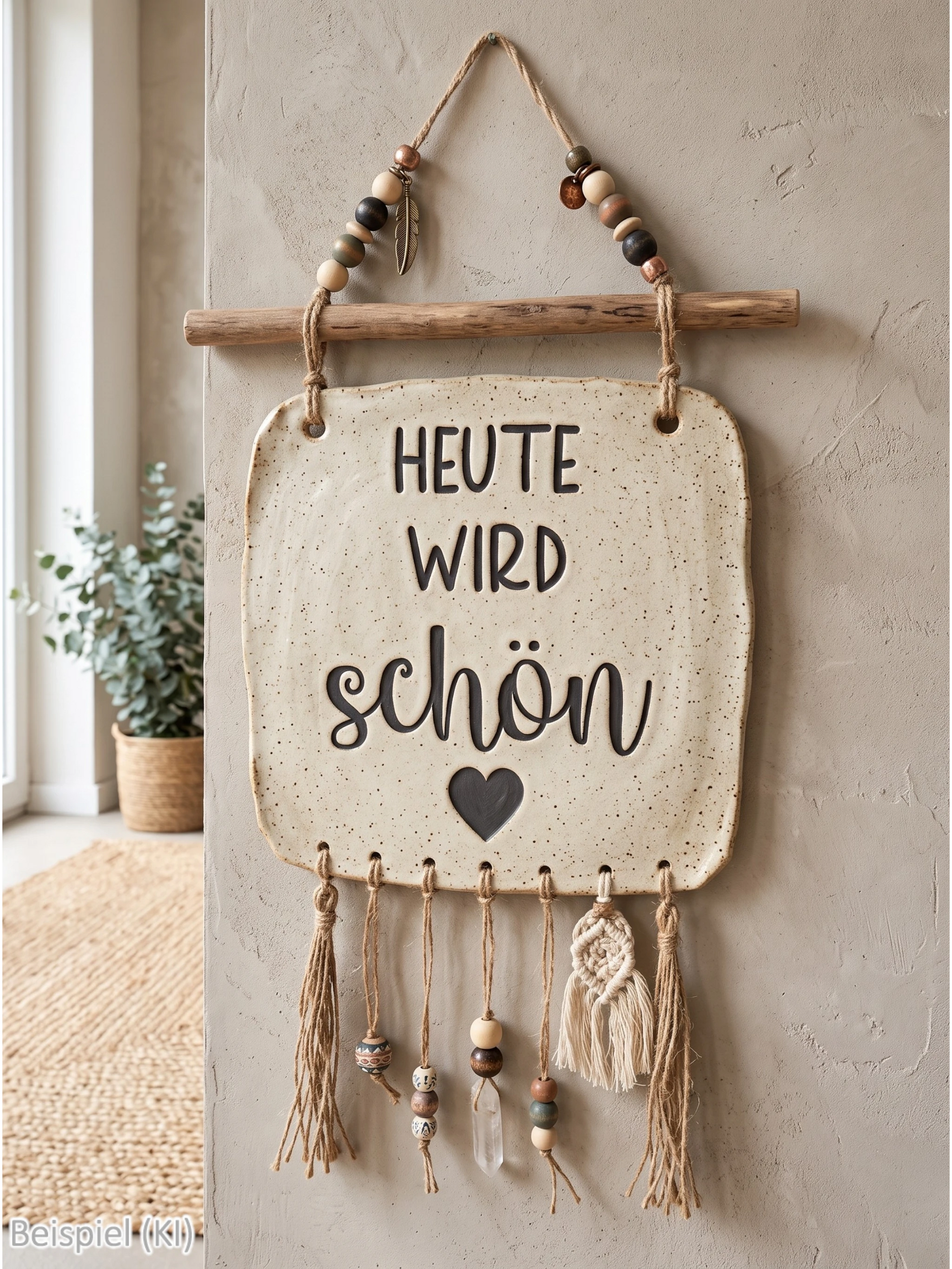 Getöpfertes Keramik-Wandschild im Boho-Stil mit eingestempeltem Spruch Heute wird schön, Herz-Detail, Holzaufhängung und Makramee-Verzierungen.