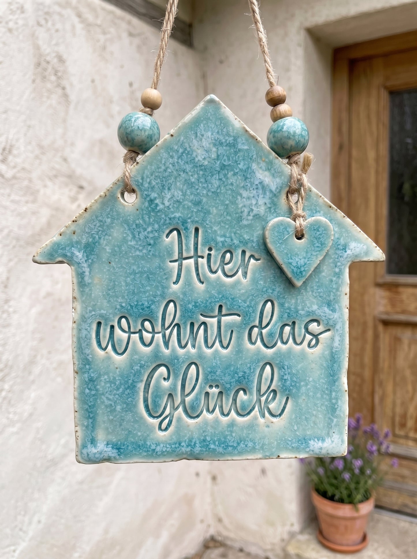 Glasiertes Keramik-Wandschild in Hausform mit dem eingestempelten Spruch 'Hier wohnt das Glück'. Die blaugrüne Glasur betont das tiefe Relief des Stempelabdrucks im Eingangsbereich.
