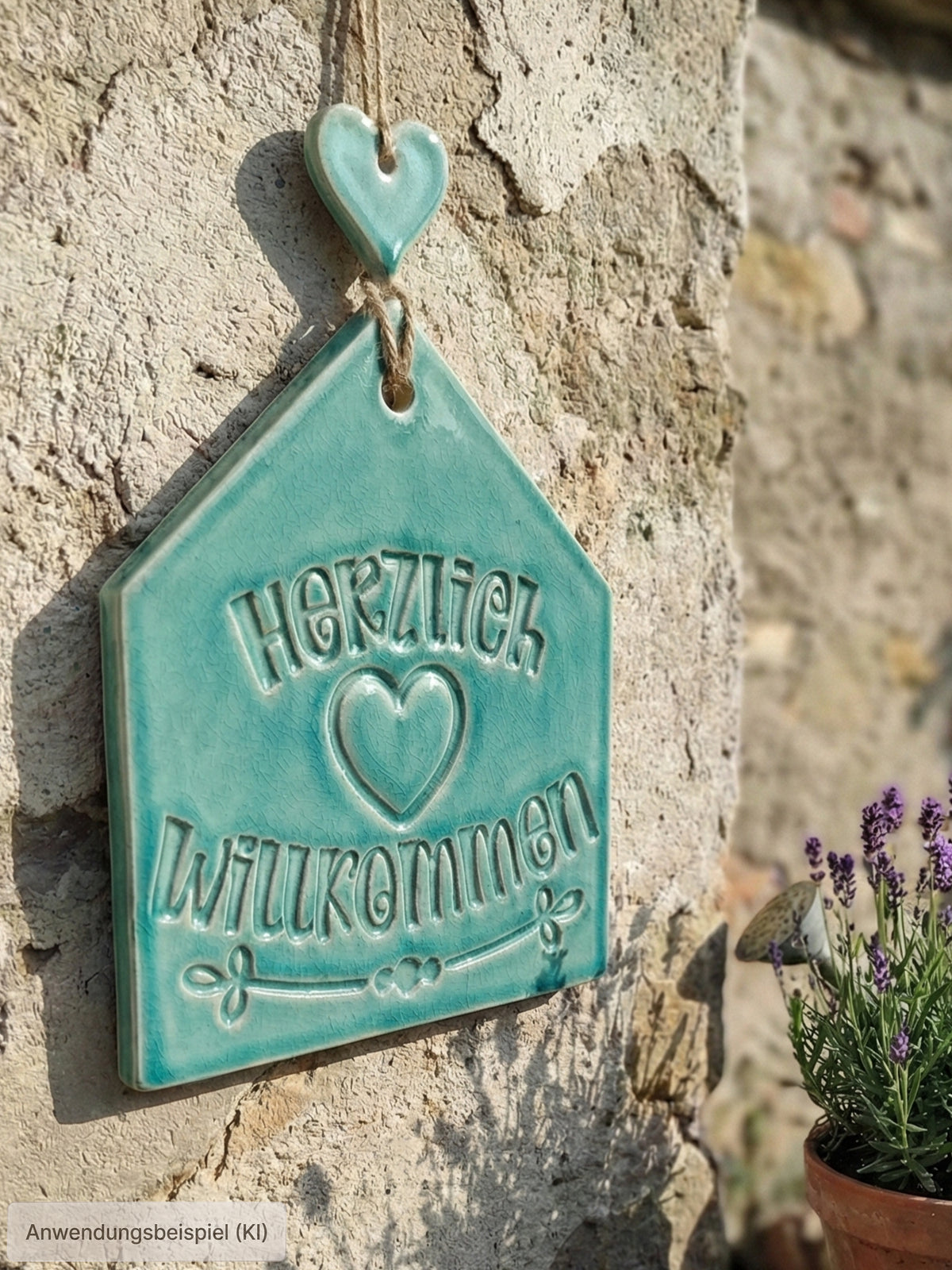 Getöpfertes Türschild in Hausform mit dem tiefen Stempelabdruck 'Herzlich Willkommen' und türkisfarbener Glasur. Ein wunderschönes Anwendungsbeispiel für den Prägestempel.