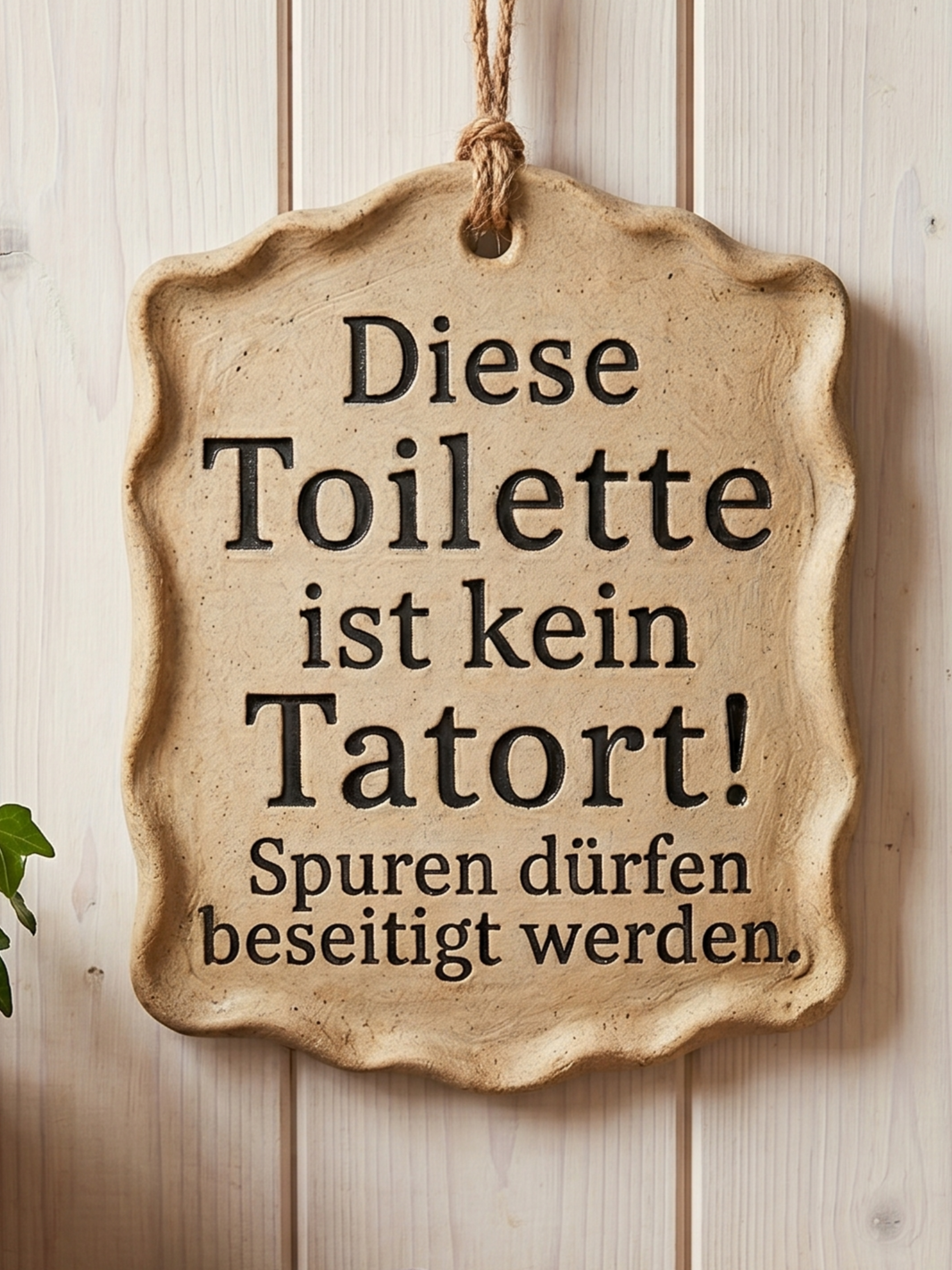 Glasiertes Keramikschild für das Badezimmer mit dem lustigen Spruch 'Diese Toilette ist kein Tatort!'. Handgemachtes Toilettenschild, dessen Schrift mit einem Prägestempel tief in den Ton gedrückt wurde..