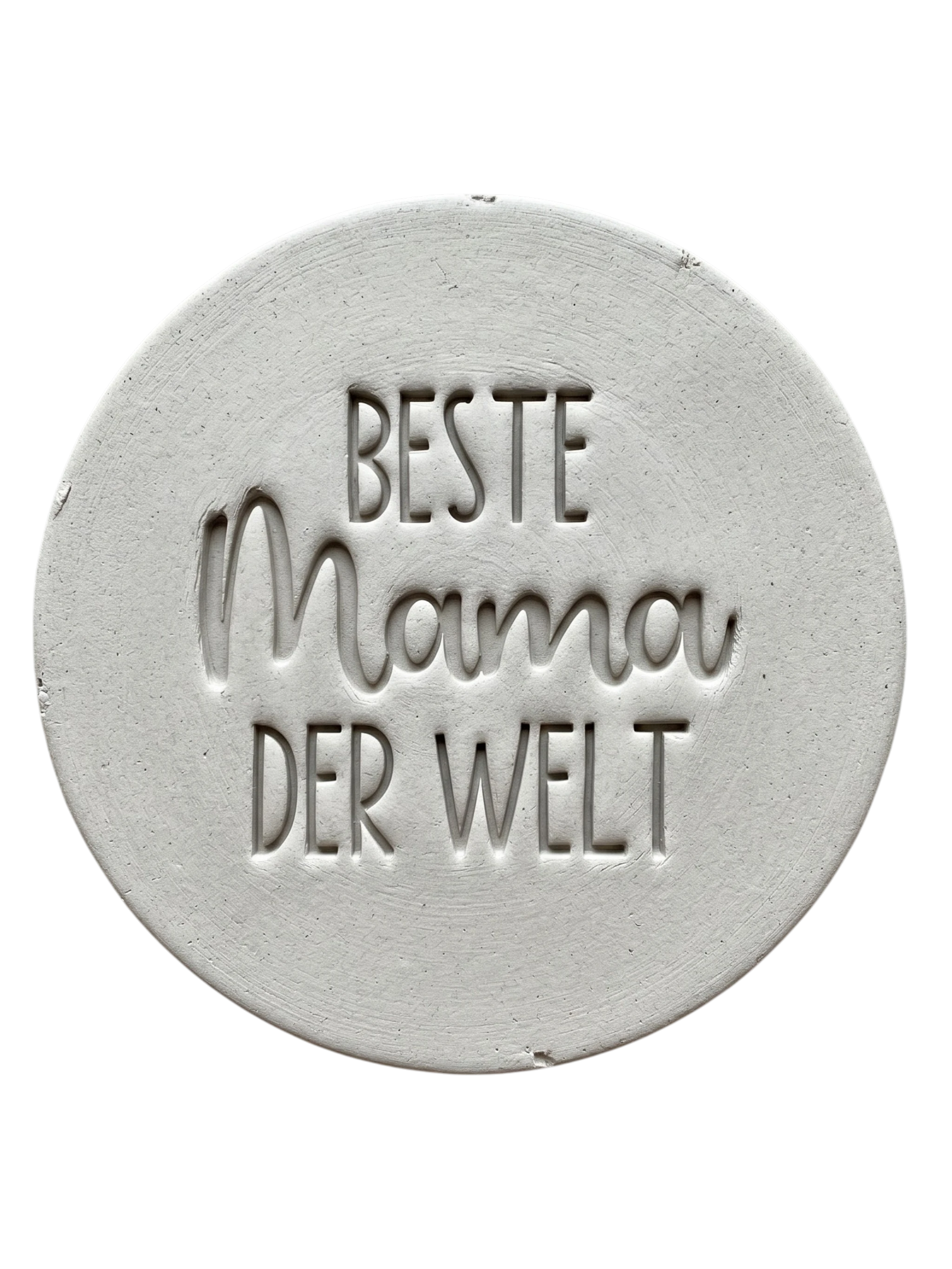 Detailreicher Stempelabdruck „Beste Mama der Welt“ in hellen Ton. Hochwertiger Keramikstempel von MinseArt für präzise Konturen – die perfekte Töpfer-Idee für handgefertigte Geschenke zum Muttertag und dein nächstes Projekt.