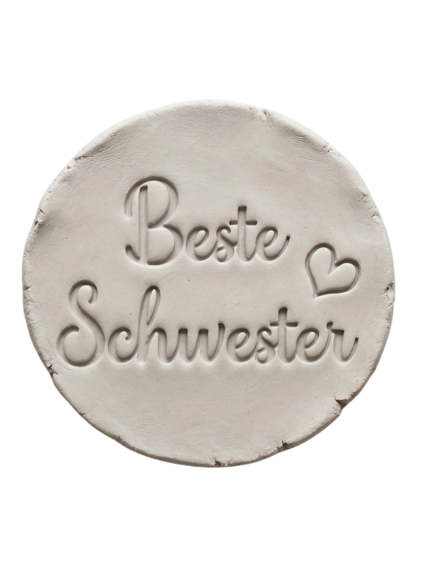 Perfekte Töpfer-Idee für Geschwister: Ton-Anhänger mit dem MinseArt Keramikstempel 'Beste Schwester' und Herz-Detail. Präziser Abdruck in hellem Ton, ideal als persönliches DIY-Geschenk oder Schlüsselanhänger aus Keramik.
