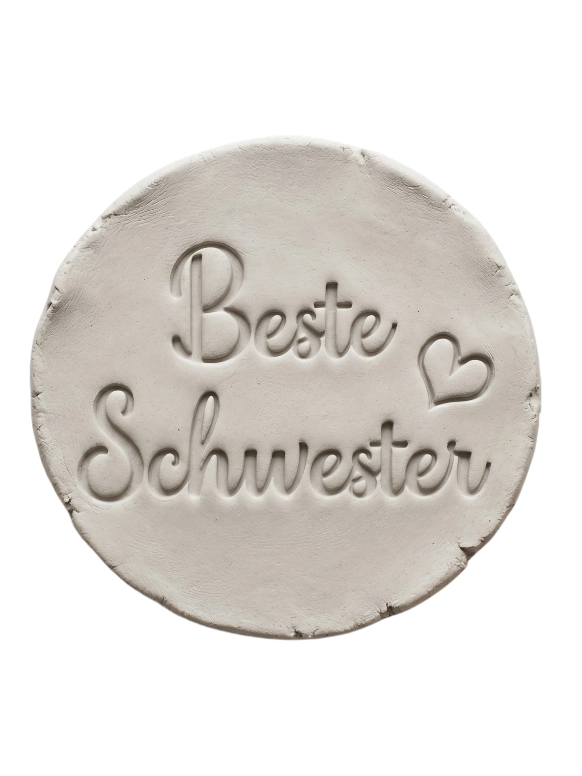 Perfekte Töpfer-Idee für Geschwister: Ton-Anhänger mit dem MinseArt Keramikstempel 'Beste Schwester' und Herz-Detail. Präziser Abdruck in hellem Ton, ideal als persönliches DIY-Geschenk oder Schlüsselanhänger aus Keramik.