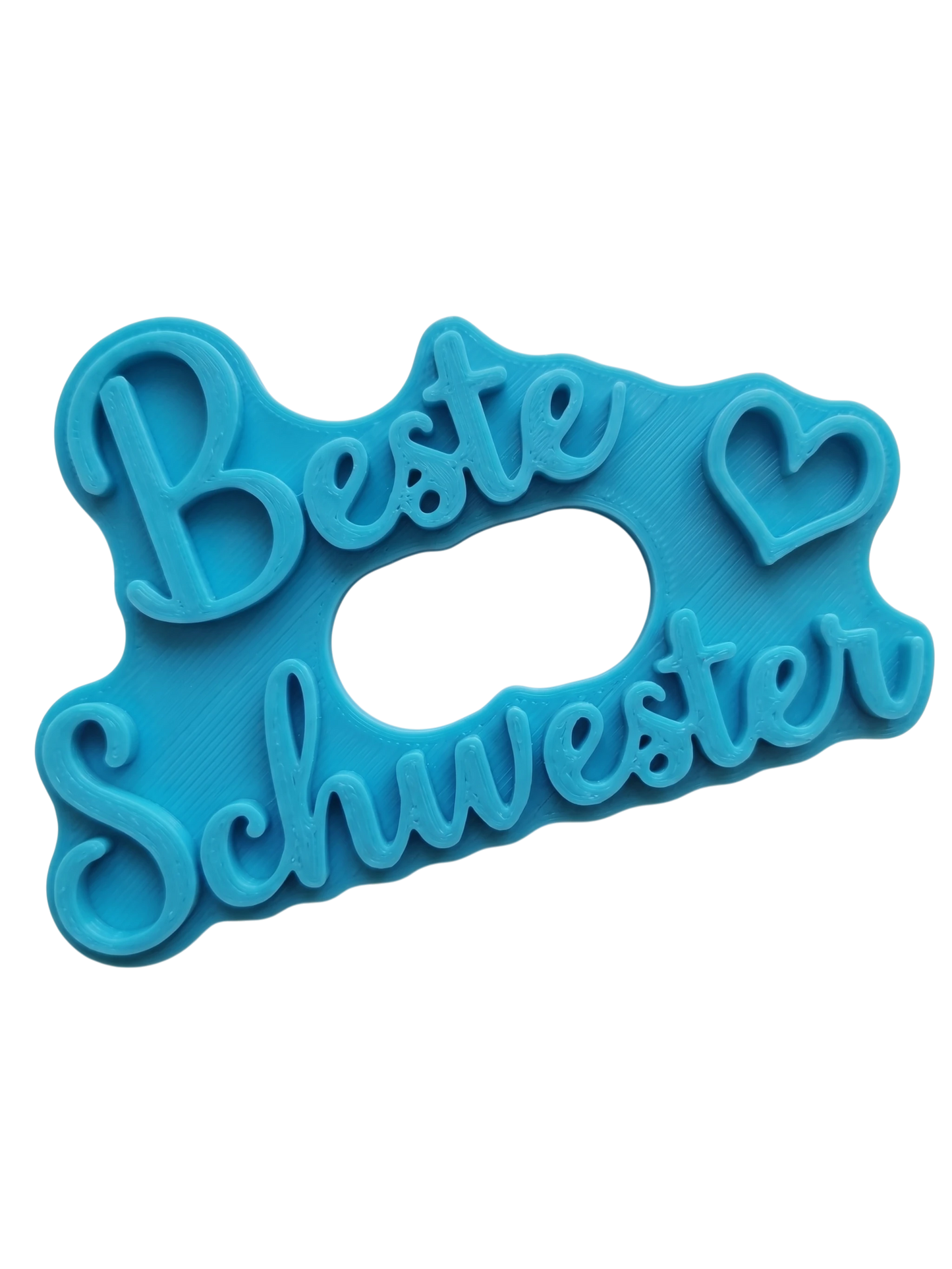 Der blaugrüne MinseArt Textstempel mit dem Spruch 'Beste Schwester'. Hochwertiges Töpferwerkzeug für saubere, tiefe Prägungen in Ton. Stabiler Stempel für Keramik-Projekte und individuelle Geschenke, handgefertigt für Profi-Ergebnisse.