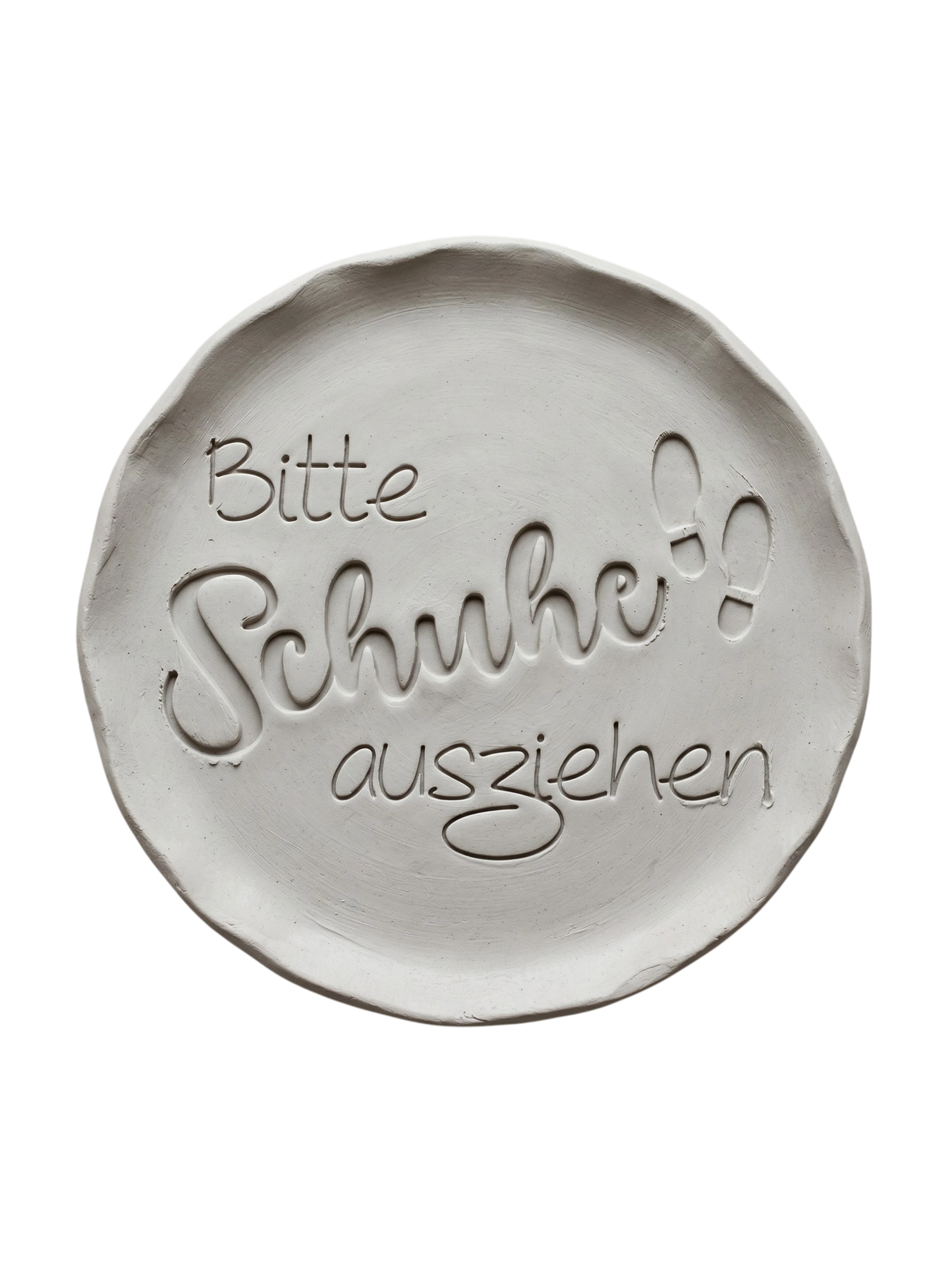 Präziser Stempelabdruck 'Bitte Schuhe ausziehen' in hellem Ton mit kleinen Fußabdruck-Details. Sauberes Relief für die Gestaltung von Flur-Deko.