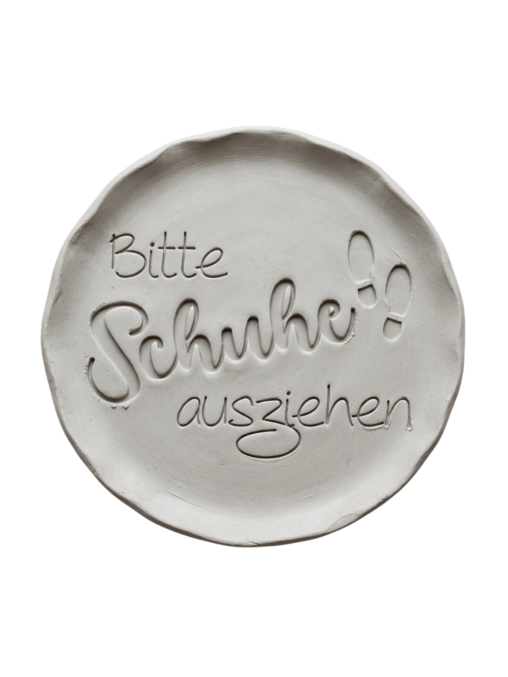 Präziser Stempelabdruck 'Bitte Schuhe ausziehen' in hellem Ton mit kleinen Fußabdruck-Details. Sauberes Relief für die Gestaltung von Flur-Deko.
