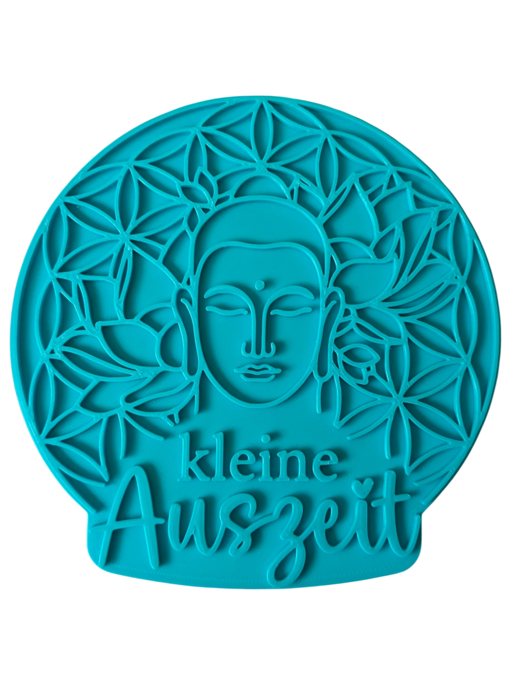 Türkisfarbener Keramikstempel für Ton mit Buddha-Motiv, Lotusblüten und der Blume des Lebens. Hochwertiges Töpferwerkzeug für eine 'kleine Auszeit' in der Keramikgestaltung.
