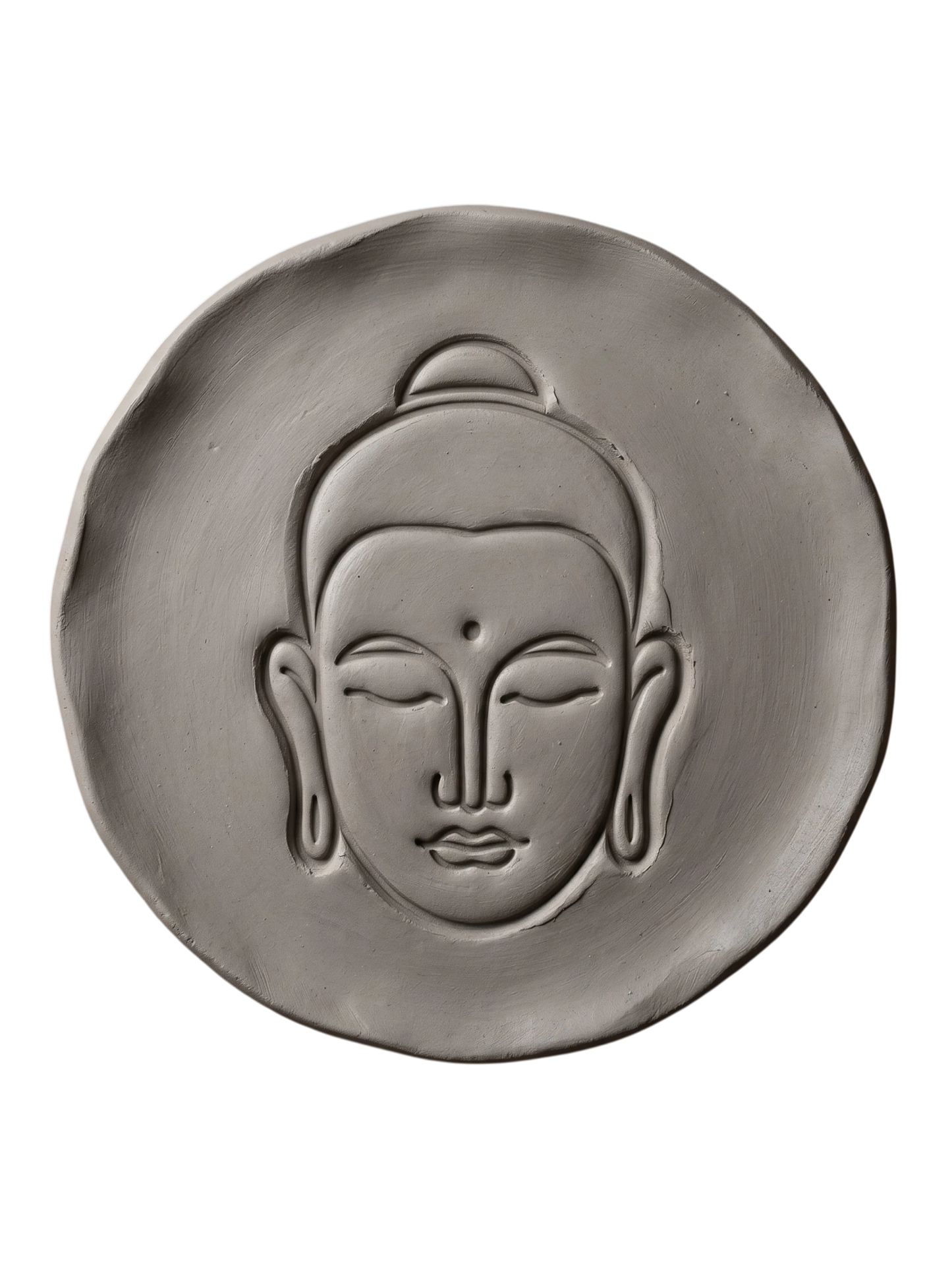 Sauberer Abdruck eines Buddha-Kopfes in einer runden Tonplatte. Beispiel für die präzise Linienführung des MinseArt Keramikstempels.