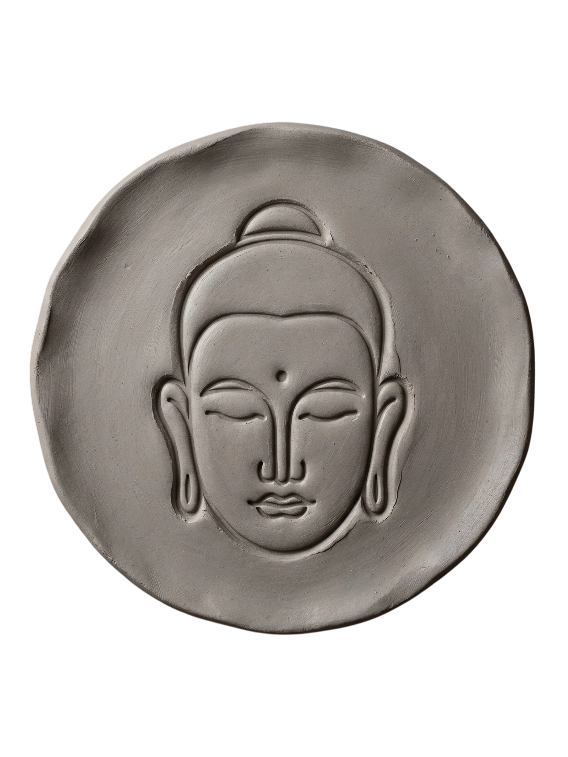 Sauberer Abdruck eines Buddha-Kopfes in einer runden Tonplatte. Beispiel für die präzise Linienführung des MinseArt Keramikstempels.