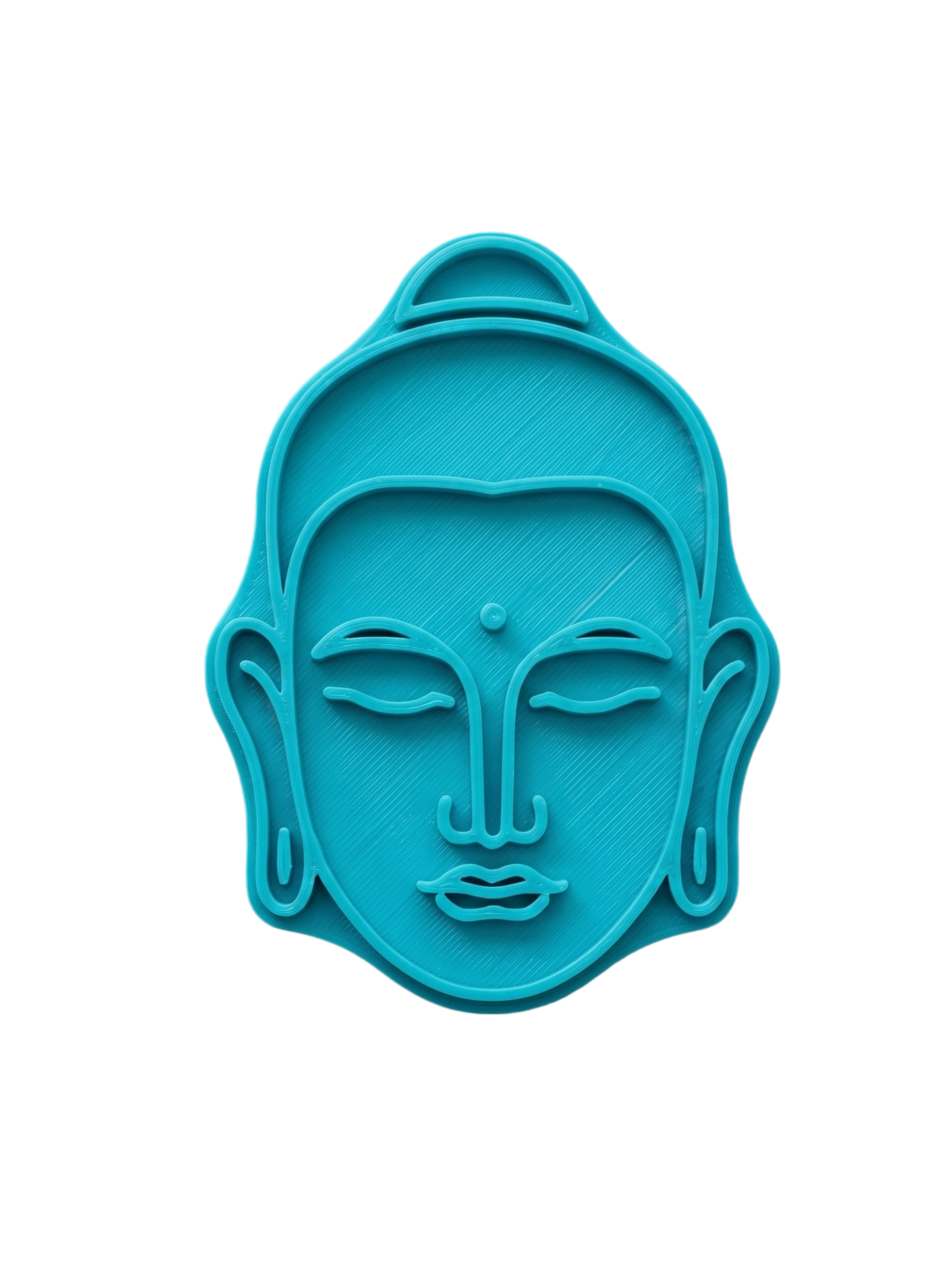 Blaugrüner Keramikstempel mit einem schlichten Buddha-Gesicht. Hochwertiges Design für klare Prägungen in Ton und Keramik.