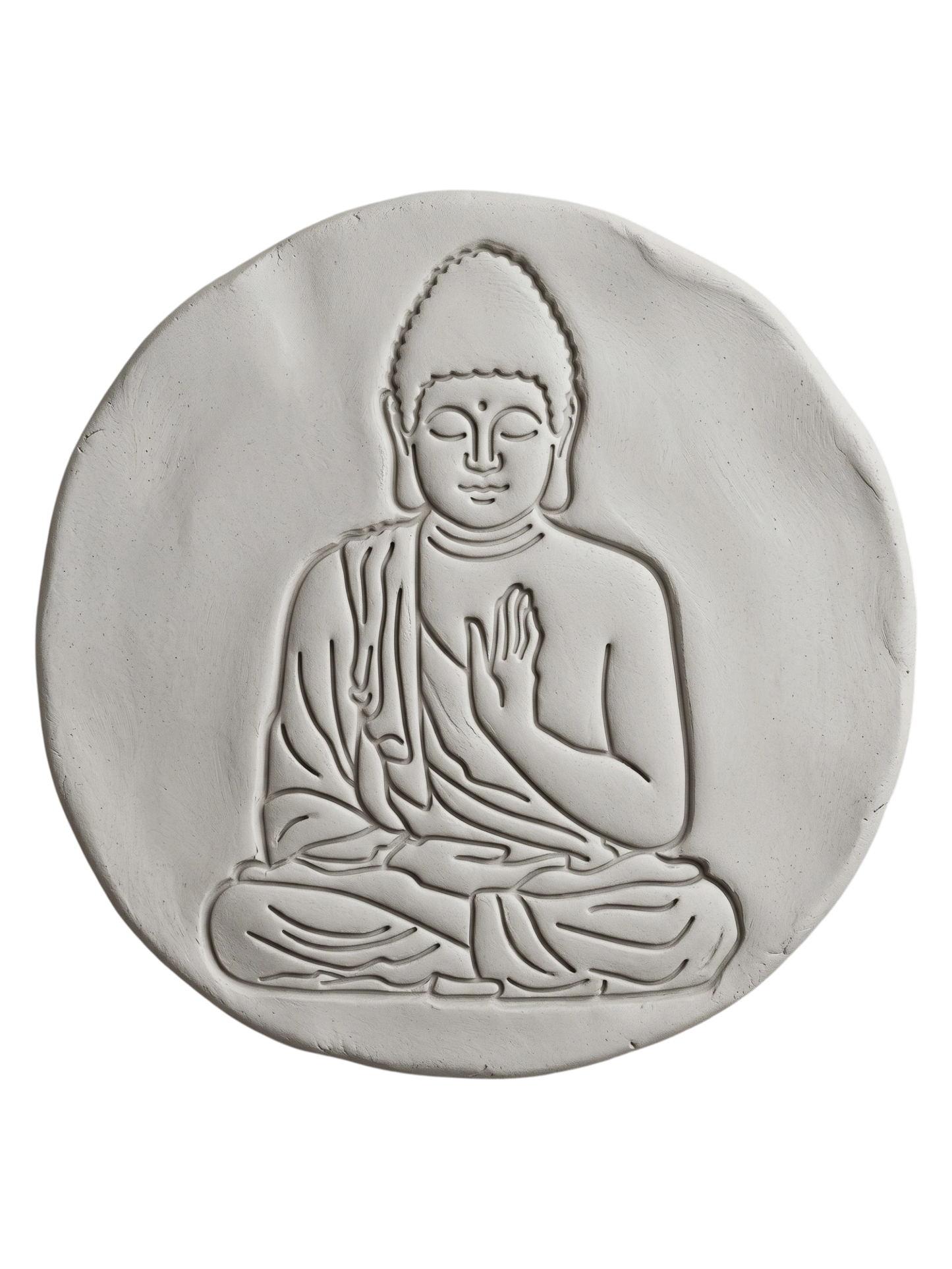 Kreative Töpfer-Idee: Buddha-Stempelabdruck kombiniert mit einem Mandala-Hintergrund in dunklem Ton mit weißer Akzentuierung. Hochwertiges Relief-Ergebnis von MinseArt.