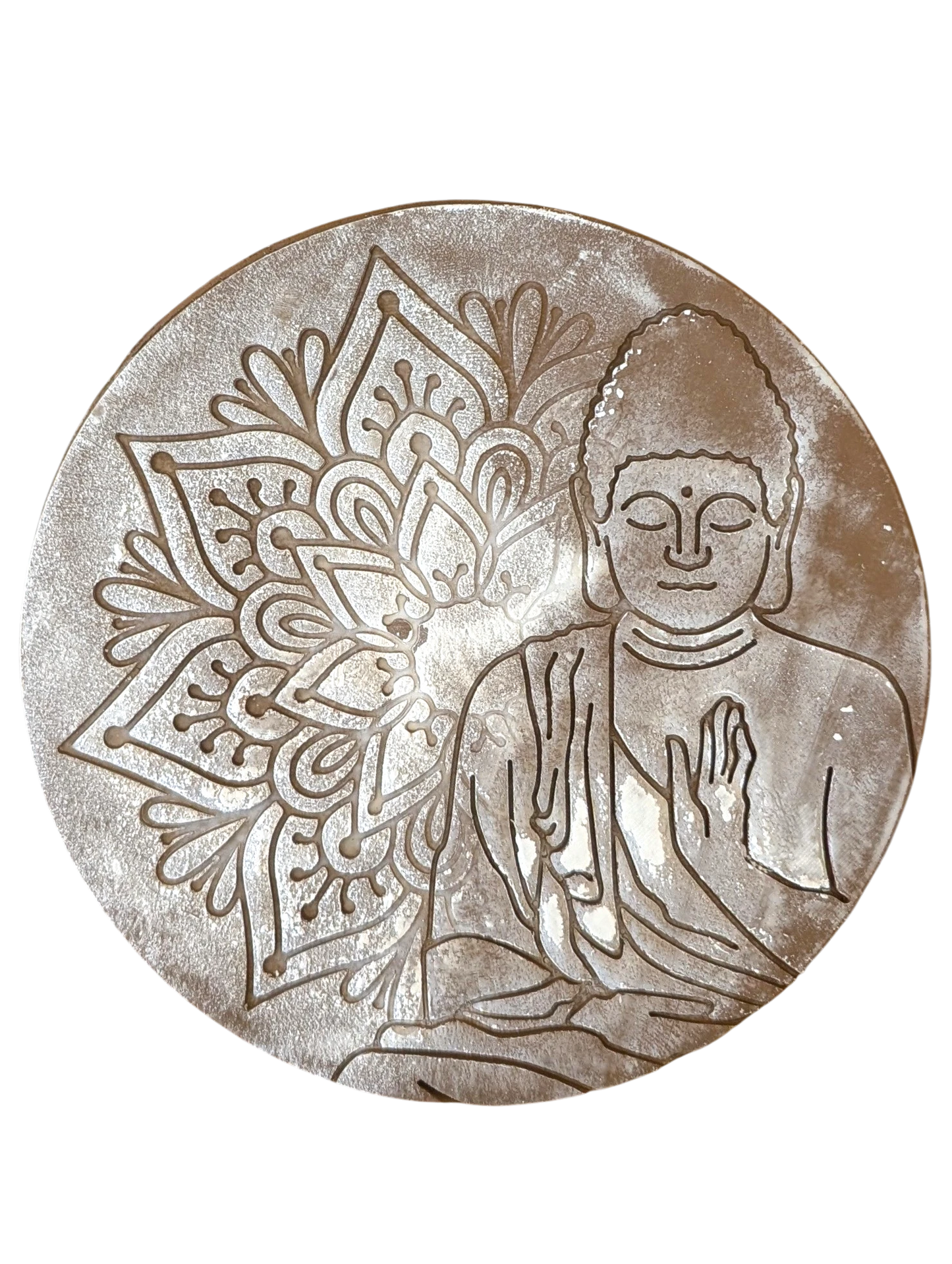 Kreative Töpfer-Idee: Buddha-Stempelabdruck kombiniert mit einem Mandala-Hintergrund in dunklem Ton mit weißer Akzentuierung. Hochwertiges Relief-Ergebnis von MinseArt.