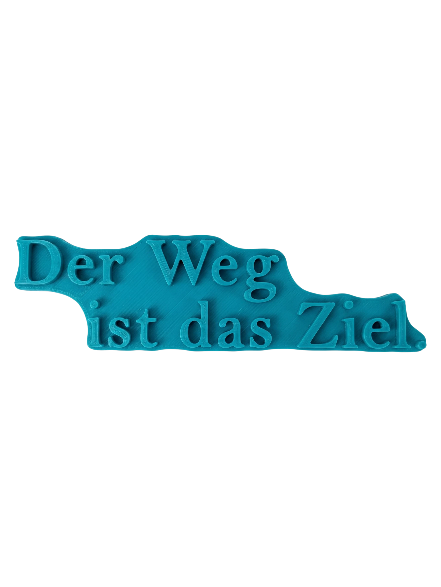 Türkisfarbener Keramikstempel mit dem Schriftzug 'Der Weg ist das Ziel' in moderner Serifenschrift. Hochwertiges Prägewerkzeug von MinseArt für Ton.
