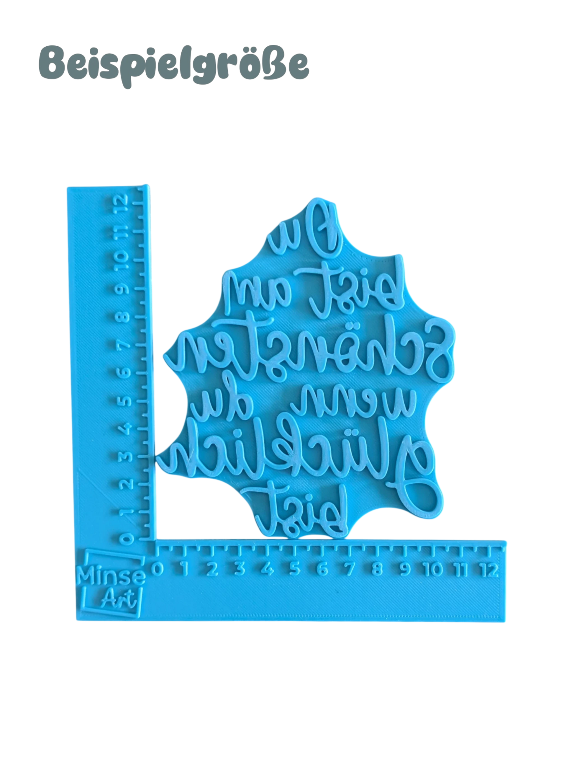 Blauer Spruch-Keramikstempel Du bist am Schönsten wenn du glücklich bist im blauen Winkel-Messinstrument in cm von MinseArt.