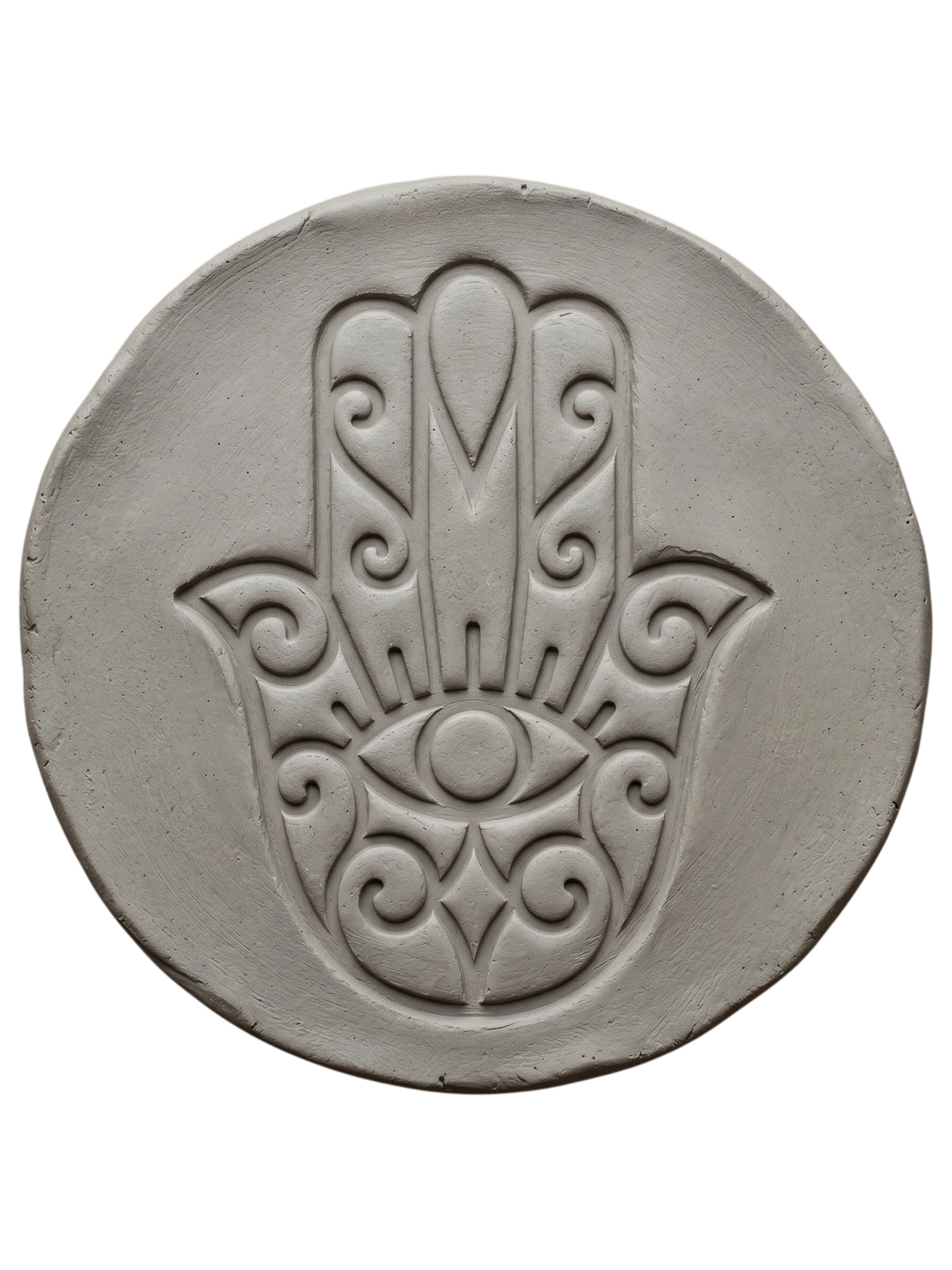 Präziser Abdruck der Hand der Fatima in einer runden Tonplatte. Das Relief zeigt das Auge und die feinen Ornamente des MinseArt Stempels.
