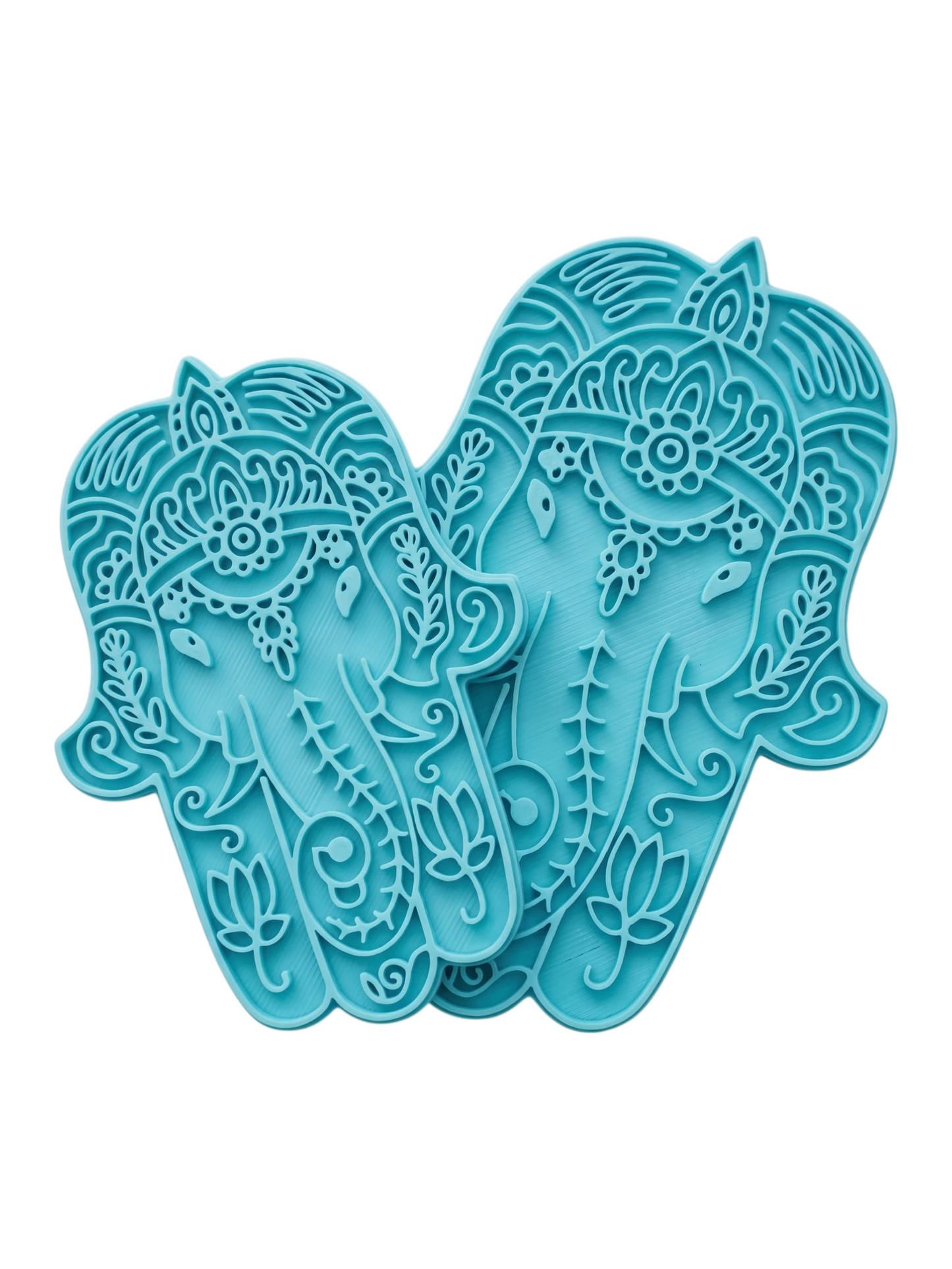 Blaugrüner Keramikstempel im Design der Hamsa Hand mit integriertem Ganesha-Motiv. Hochwertiges Töpferwerkzeug für detaillierte Prägungen in Ton.
