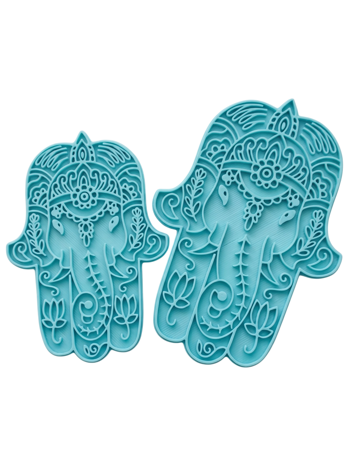 Blaugrüner Keramikstempel im Design der Hamsa Hand mit integriertem Ganesha-Motiv. Hochwertiges Töpferwerkzeug für detaillierte Prägungen in Ton.