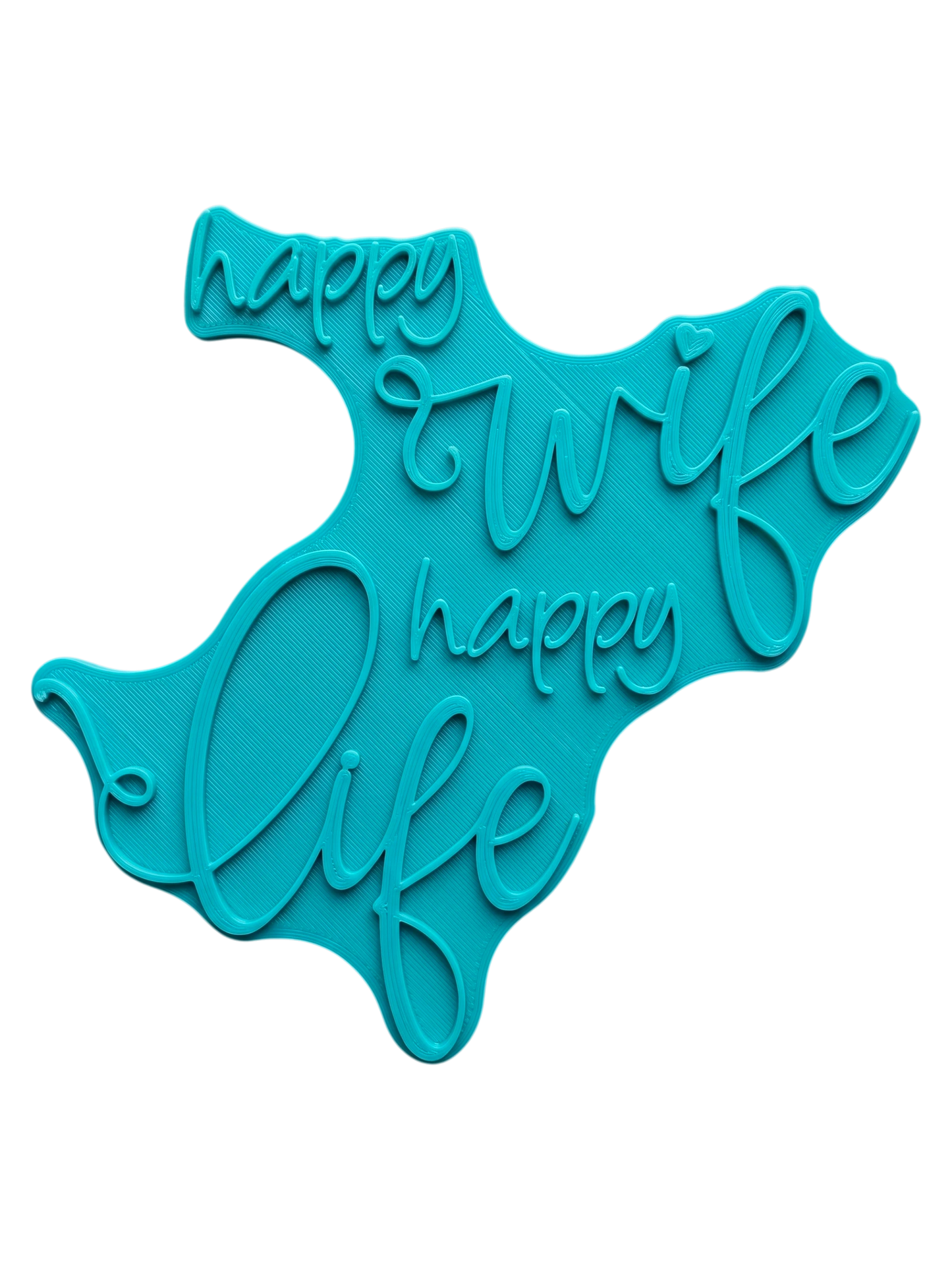 Türkisfarbener Keramikstempel für Ton mit dem Schriftzug 'happy wife happy life'. Hochwertiges Töpferwerkzeug für saubere Prägungen mit Herz-Detail.